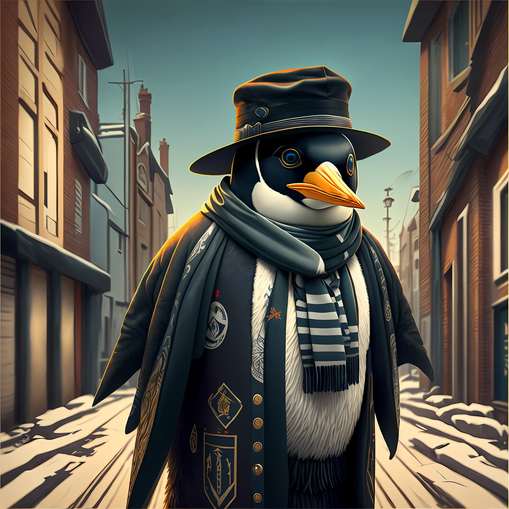Image of a penguin with hat and scarf, art station trend, dressed in punk clothes, hyper realistic detailed rendering, British gang member, urban style, intimidating pose, planet of penguins, fashionable clothes, urban samurai, West Slavic features, circular design, shirt design --auto