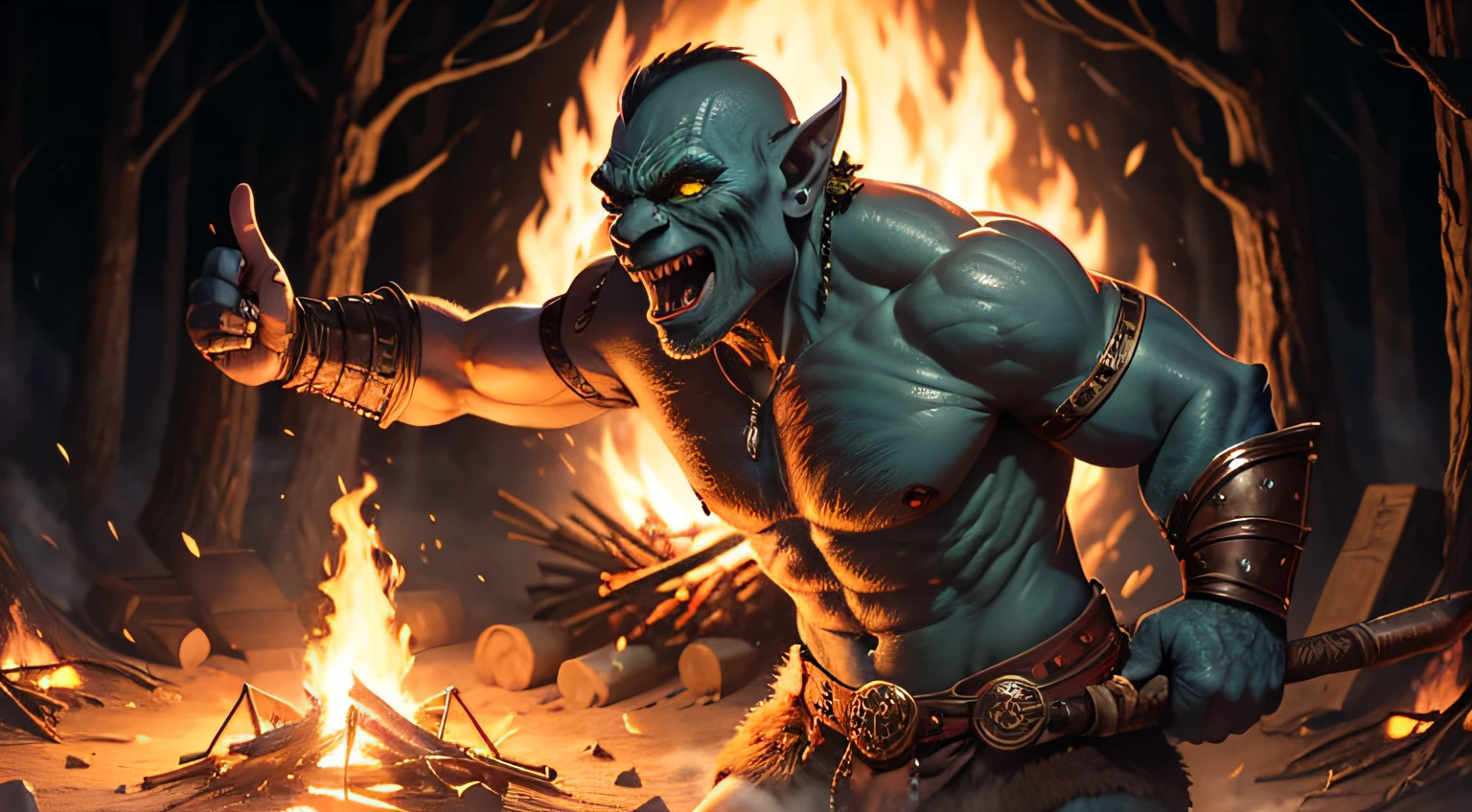 A dark blue orc, cheerful, dancing around a campfire in barbarian armor and friendly features --auto