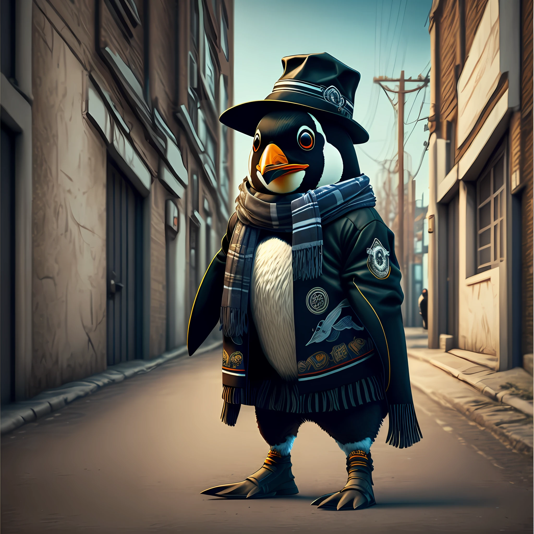 Image of a penguin with hat and scarf, art station trend, dressed in punk clothes, hyper realistic detailed rendering, British gang member, urban style, intimidating pose, planet of penguins, fashionable clothes, urban samurai, West Slavic features, circular design, shirt design --auto