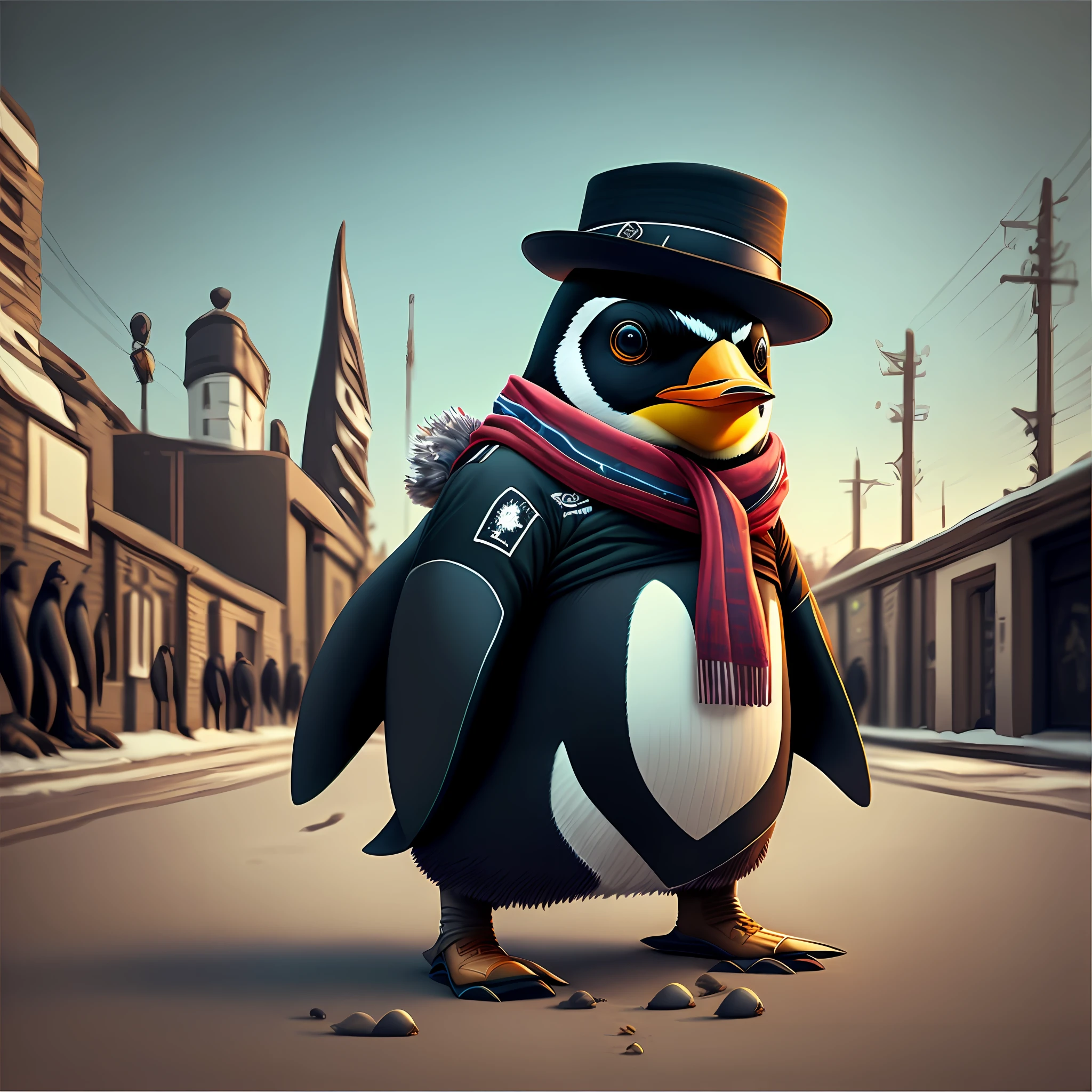 Image of a penguin with hat and scarf, art station trend, dressed in punk clothes, hyper realistic detailed rendering, British gang member, urban style, intimidating pose, planet of penguins, fashionable clothes, urban samurai, West Slavic features, circular design, shirt design --auto