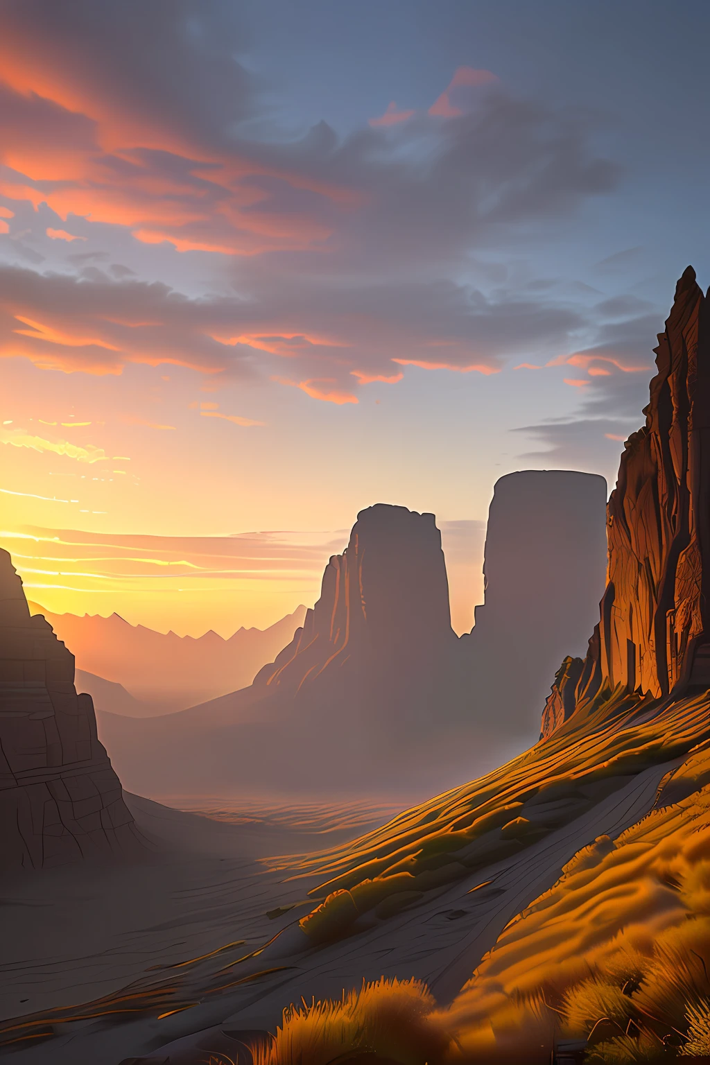 Stunning sunset vista landscape photography, masterpiece, trending on cgsociety, 4k, 8k, hd, [artstation:1], concept art, very detailed, sharp focus, [subsurface scattering: 1], Gabriel Lekegian and Abbas the art of