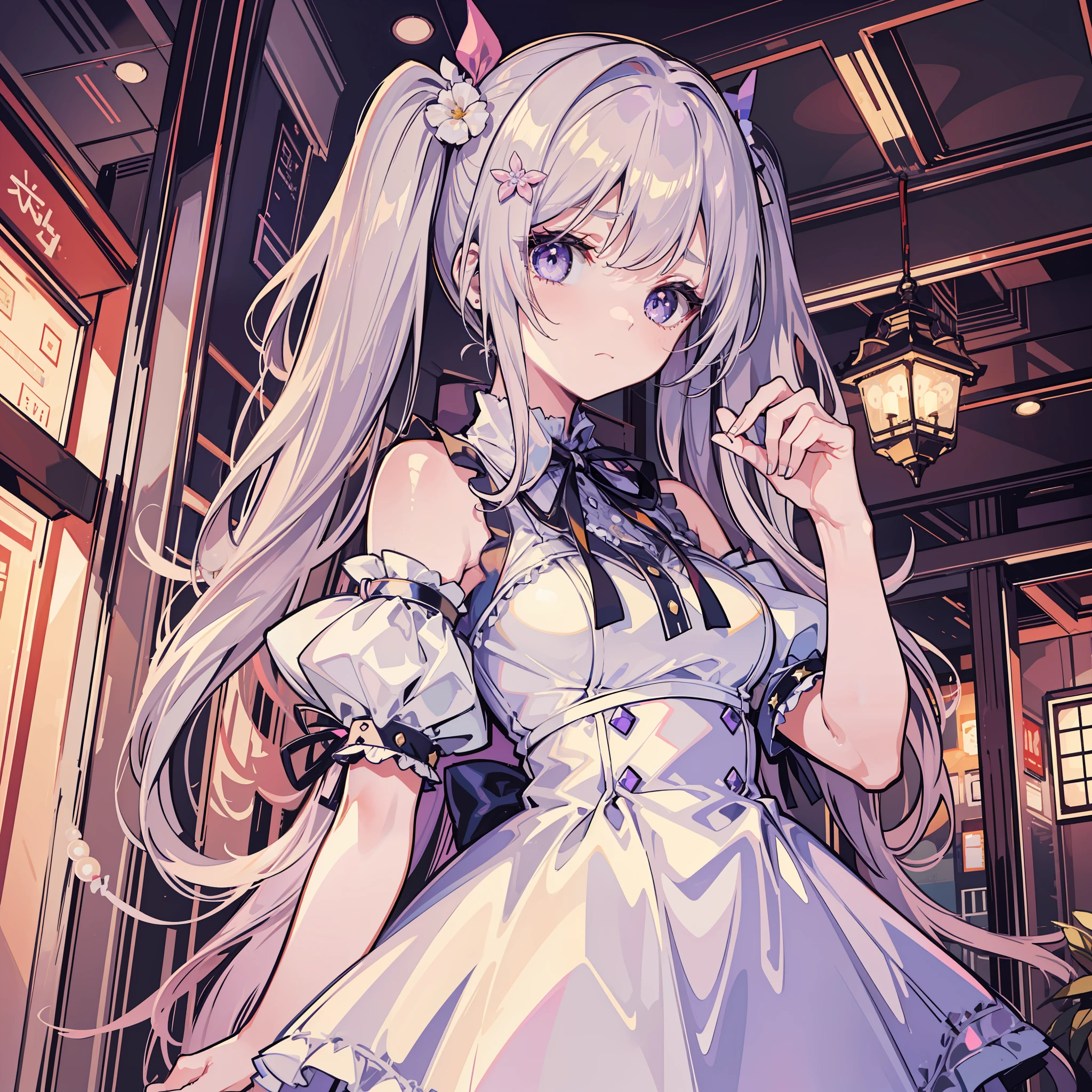 Masterpiece, Best Quality, 1 Girl, Solo Exhibition, Voxel Art,
nuclear power plant, white girl,
Ivory hair, lilac eyes, upset,
Absurd long hair, low double tail,
Cake dresses, slim dresses,
Ribbon, botanical hair accessory, pearl, cuffs,
Classical, medieval, noble, big breasts