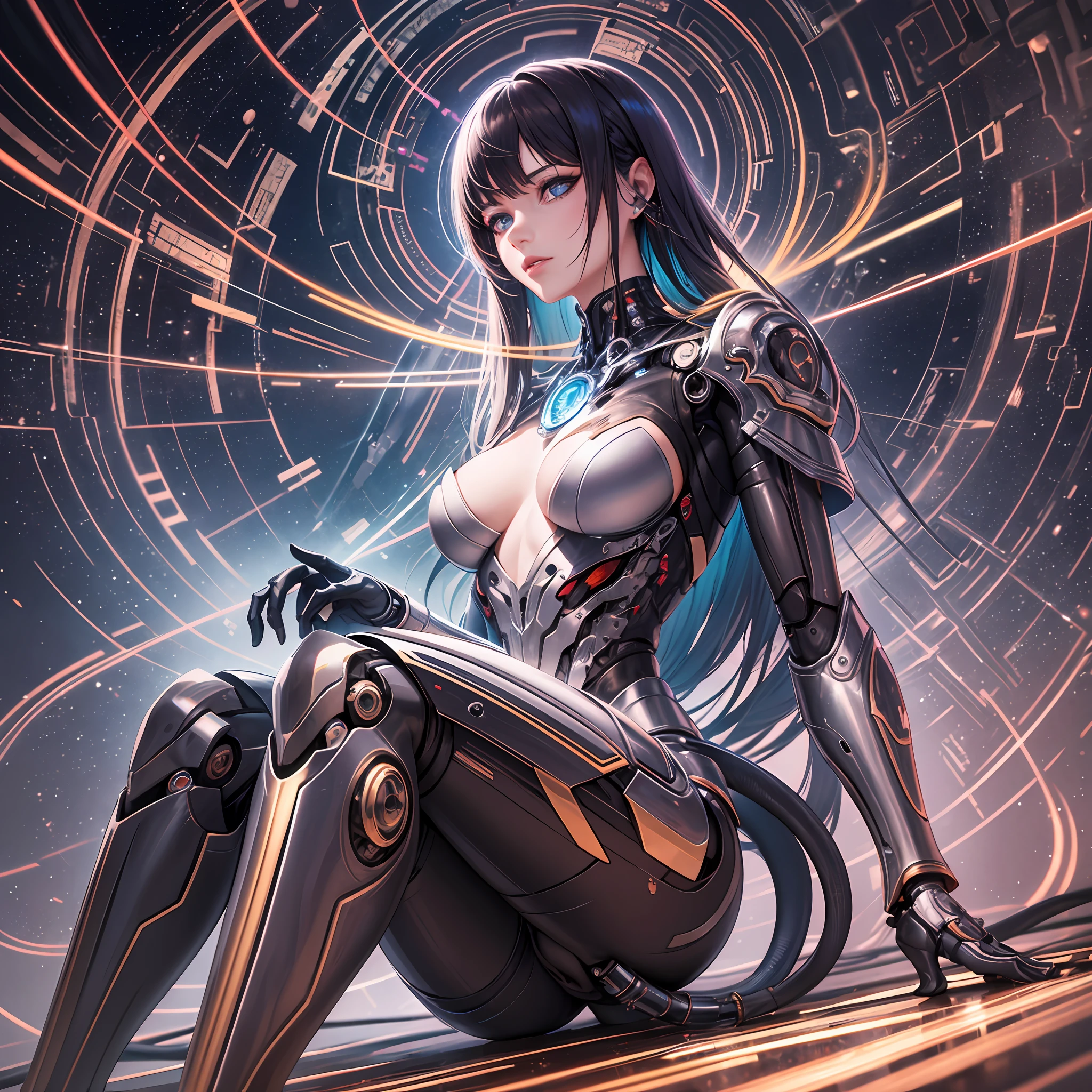 CG illustration, super beautiful, android, cyborg, white french braid long hair, glossy blue eyes, sitting, open legs, seductive pose, ultra sharp,metal,intricate, ornaments detailed, highly intricate details, realistic light, trending on cgsociety, machanical limbs,blood vessels connected to tubes,mechanical vertebra attaching to back,mechanical cervial attaching to neck, wires and cables connecting to head, background galaxy give off rainbow and gold neon light many lines radially, brilliant planet, fantasy, portrait, animification, high resolution, best quality, very high image quality, ultra detailed, hyper realistic, photorealistic