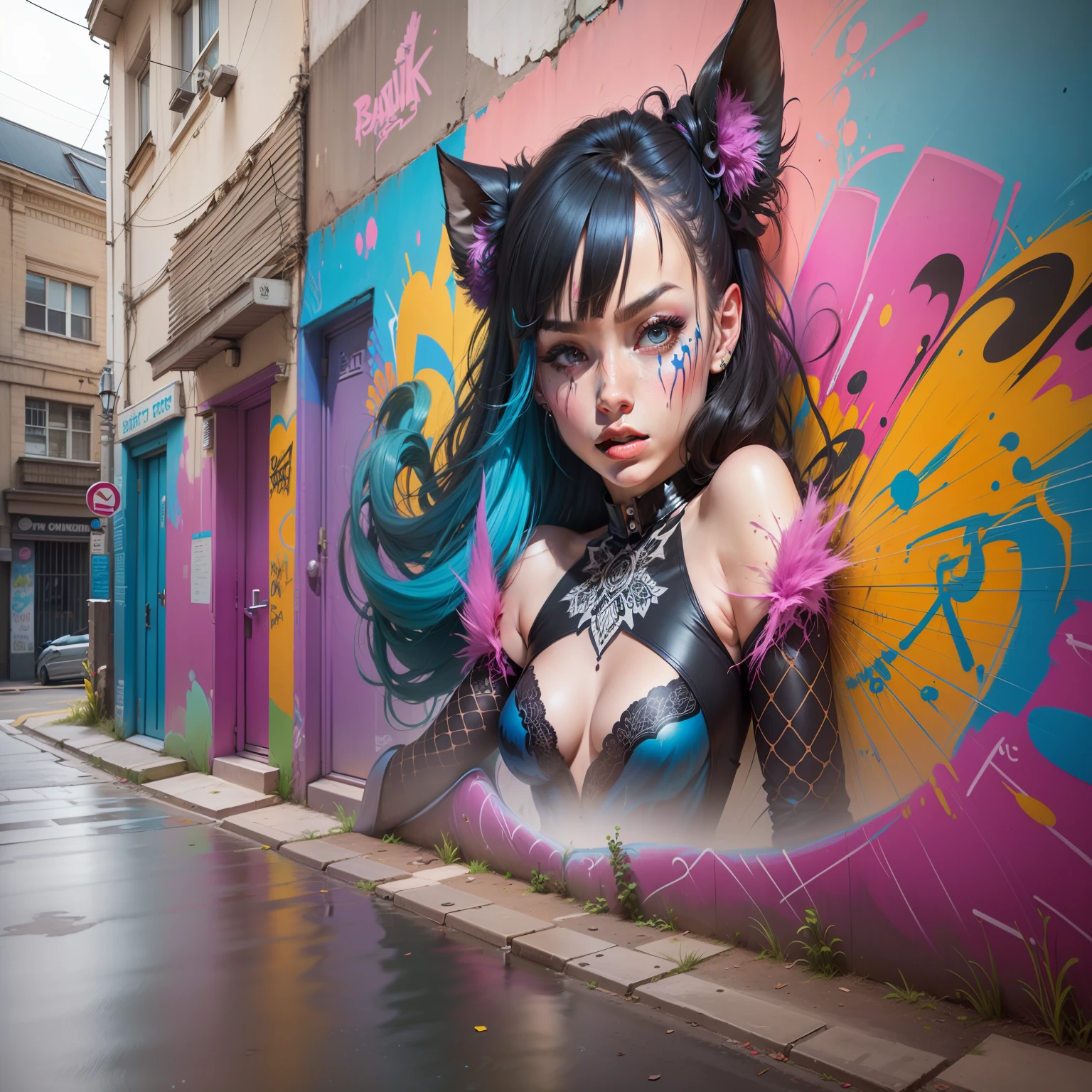 street art of a woman's graffiti, super colorful art, on a wall, very detailed art with a high constrast