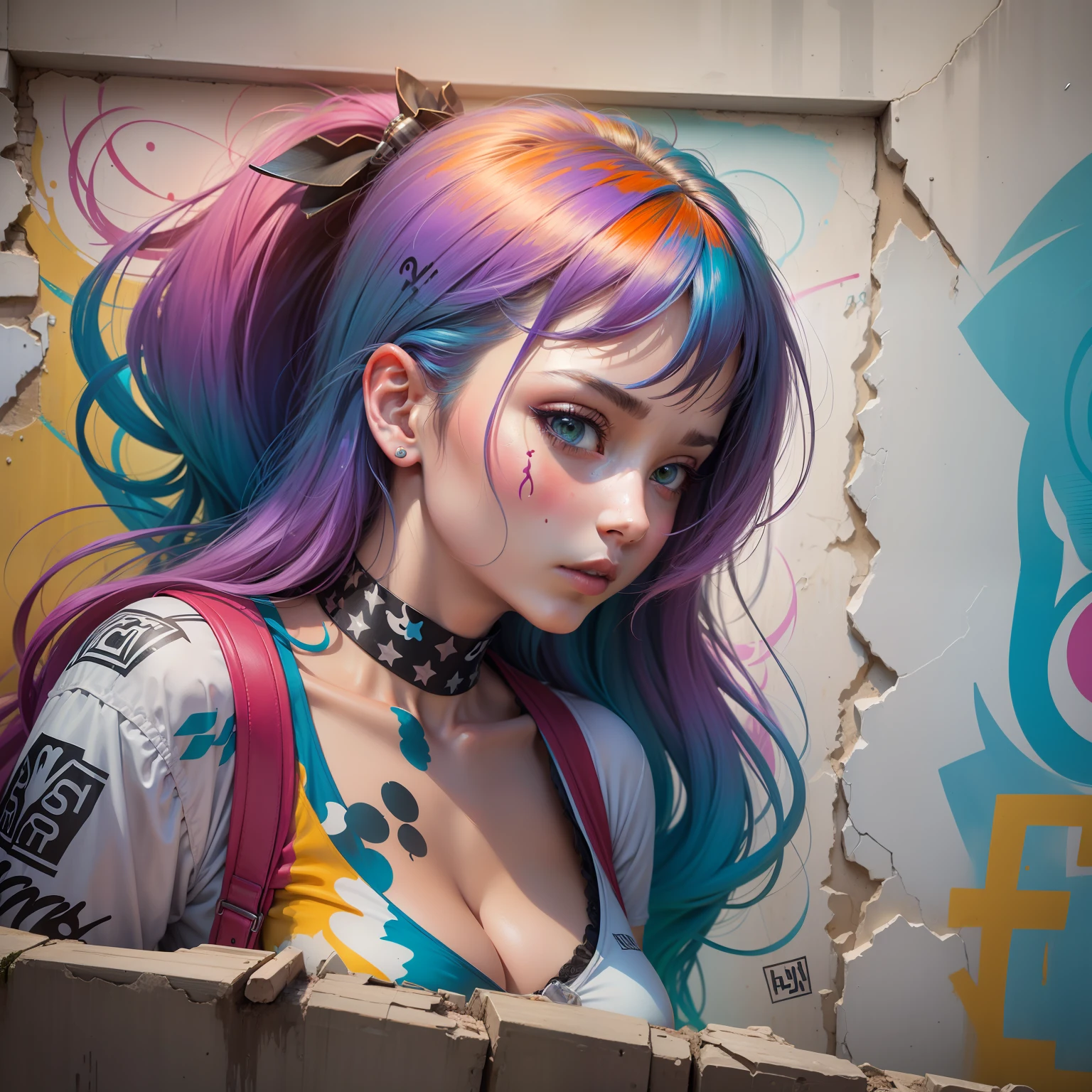 street art of a woman's graffiti, super colorful art, on a wall, very detailed art with a high constrast