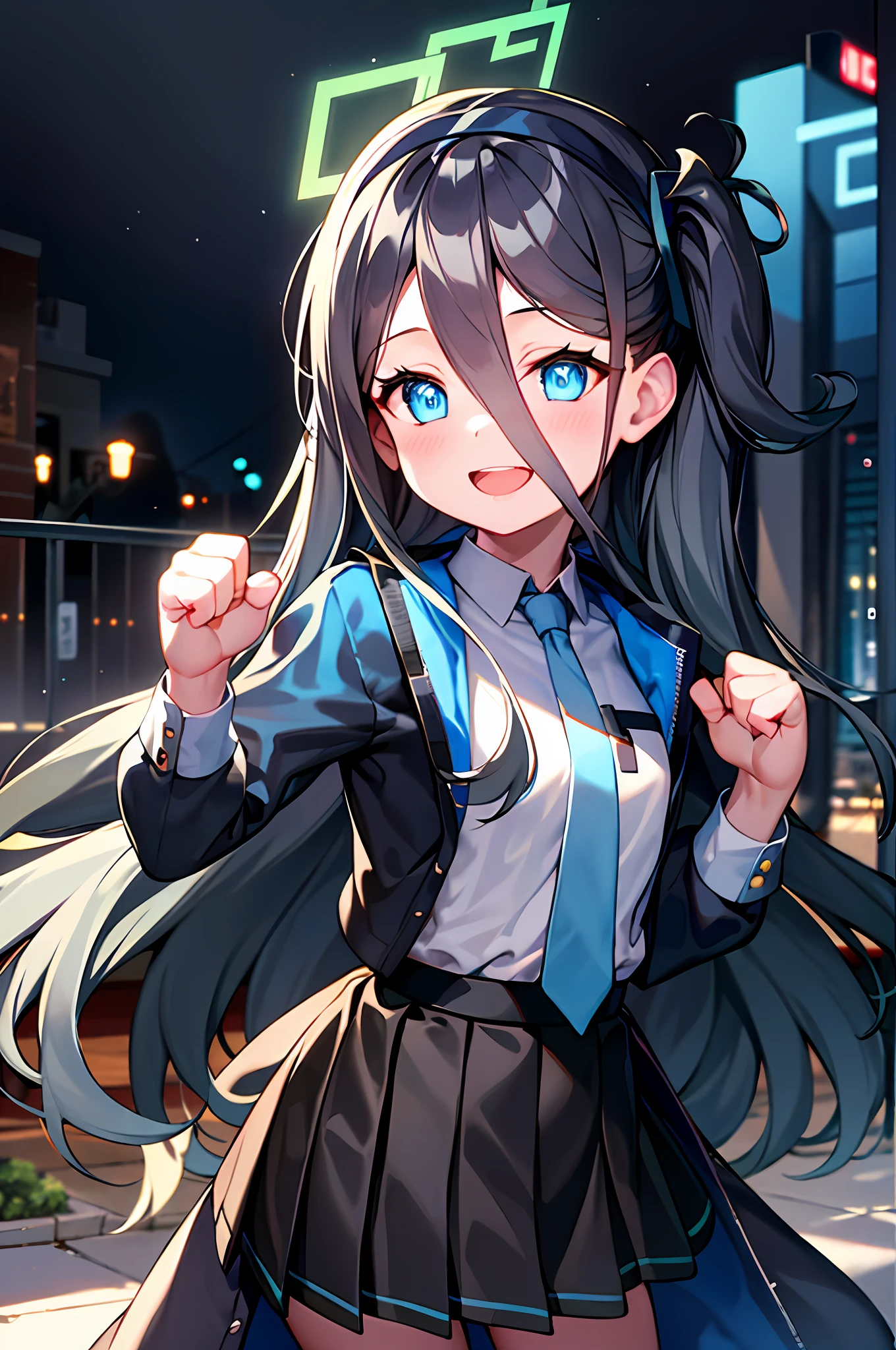 pureerosface_v1:0.66), best quality, ultra high definition, (photorealistic: 1.4), one girl, fine eyes, dark-eyed makeup, slim waist, blush, K-pop idol, (charm: 1.0), fine-eyed makeup, puffy eyes, solo, perfect anatomy, (big), (slender), (black hair: 1), (watch viewers). (original_alice), (light blue tie), (marine blue eyes), (zhuo),(alice_halo:0.7),(blue halo),(smile),(happy),(pigtails),(long hair),(long bangs),(blue archive),(black hair band),(long coat),(school uniform),(white long-sleeved shirt),(pleated skirt),(navy blue skirt), depth of field, facial details, skin luster, beautiful eyes, dark eye makeup, slim waist, blush, fine eye makeup, solo, perfect anatomy.fighting stance.clench your fists.chest. ((gentle smile)).