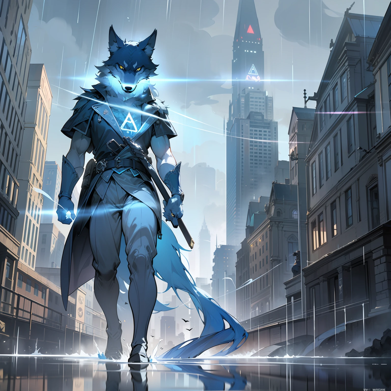 Masterpiece, (Super Detailed), (Animal Anthropomorphism), Gangster Theme, Wolf, Handsome, Trench Coat, Dim Lights, Smoke, Shadows, Corrupted Cityscape, Highest Quality, Single Focus, (Skim: 1.1), Muscular Men , Full Body, Intricate (High Detail: 1.1) Unreal Engine. --auto