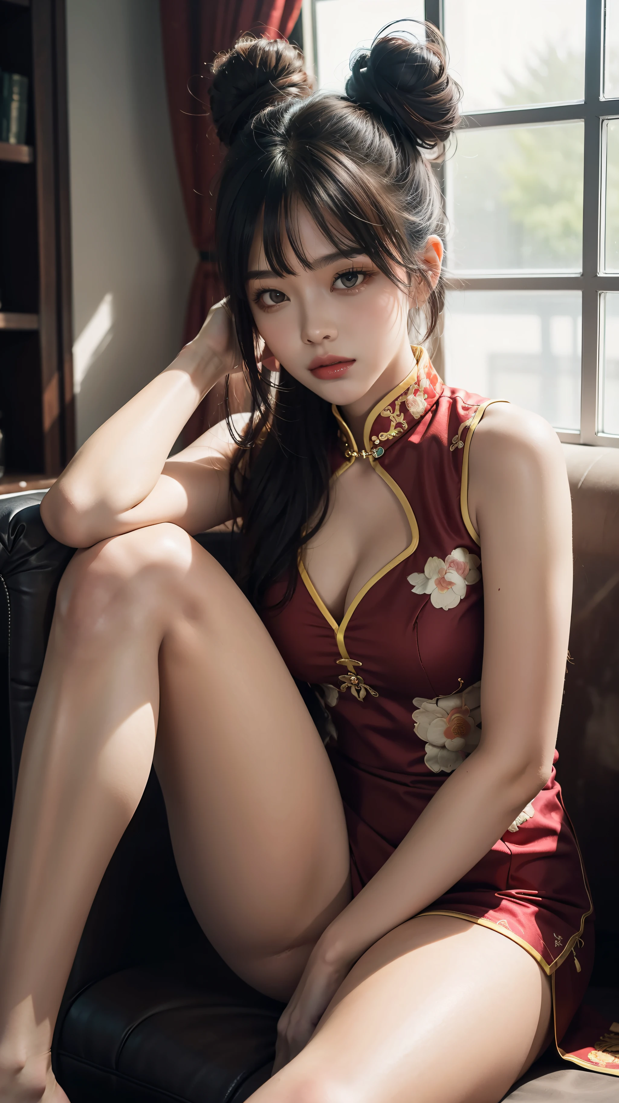 Superior Quality, Masterpiece, Ultra High Resolution, (Photorealistic: 1.4), a girl sitting with her legs open, wearing a Chinese outfit, beautiful legs, big white hair, bangs, bun, detailed face, Asian, yellow eyes, open chest