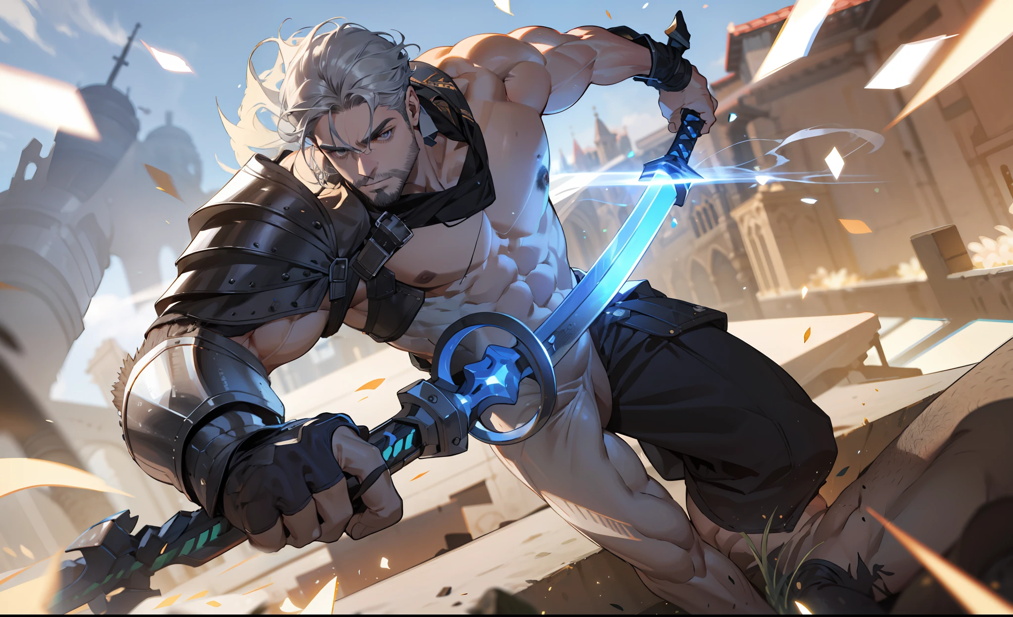 (absurdres, highres, ultra detailed), 1 male, adult, 40 years old, middle-age, handsome, (beard) , tall muscular guy, broad shoulders, finely detailed eyes and detailed face, short silver hair, large sword, holy, cathedral, religious, sublime, battleground, showing off abs, (no clothes:1.8), (muscular muscles:1.8), six packs,((Bare shoulder)), (no armor:1.8)