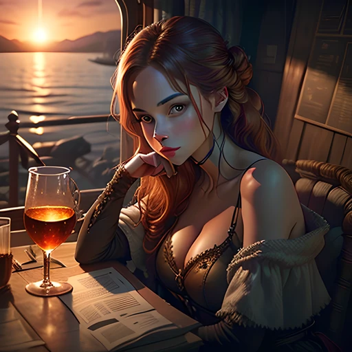 beautiful ginger women in detailed dress at cozy Yacht, air above hair, IPA award wining, masterpiece, at sunset, spectacular view