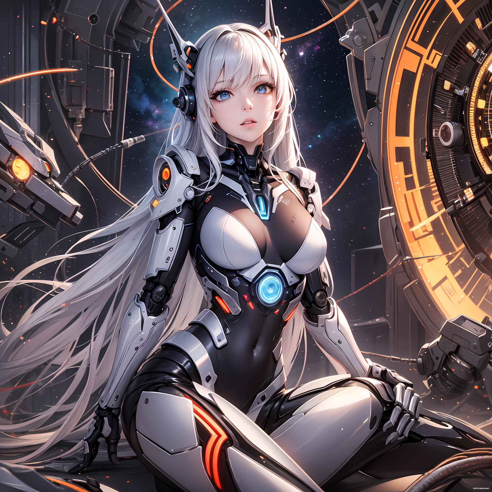 CG illustration, super beautiful, android, cyborg, white french blade long hair, shiny blue eyes, sitting, wide open legs, seductive pose, super sharp, metal, intricate ornament details, very complex details, realistic light, CGSation trend, mechanical limbs, blood vessels connected to tubes, mechanical vertebrae attached to the back, mechanical neck attached to the neck, wires and cables connecting to the head, background galaxy radiates many lines radial rainbow and golden neon lights, vivid planet, fantasy, portrait, animation, high resolution, top quality, very high image quality, ultra-detailed, ultra-realistic, photorealistic