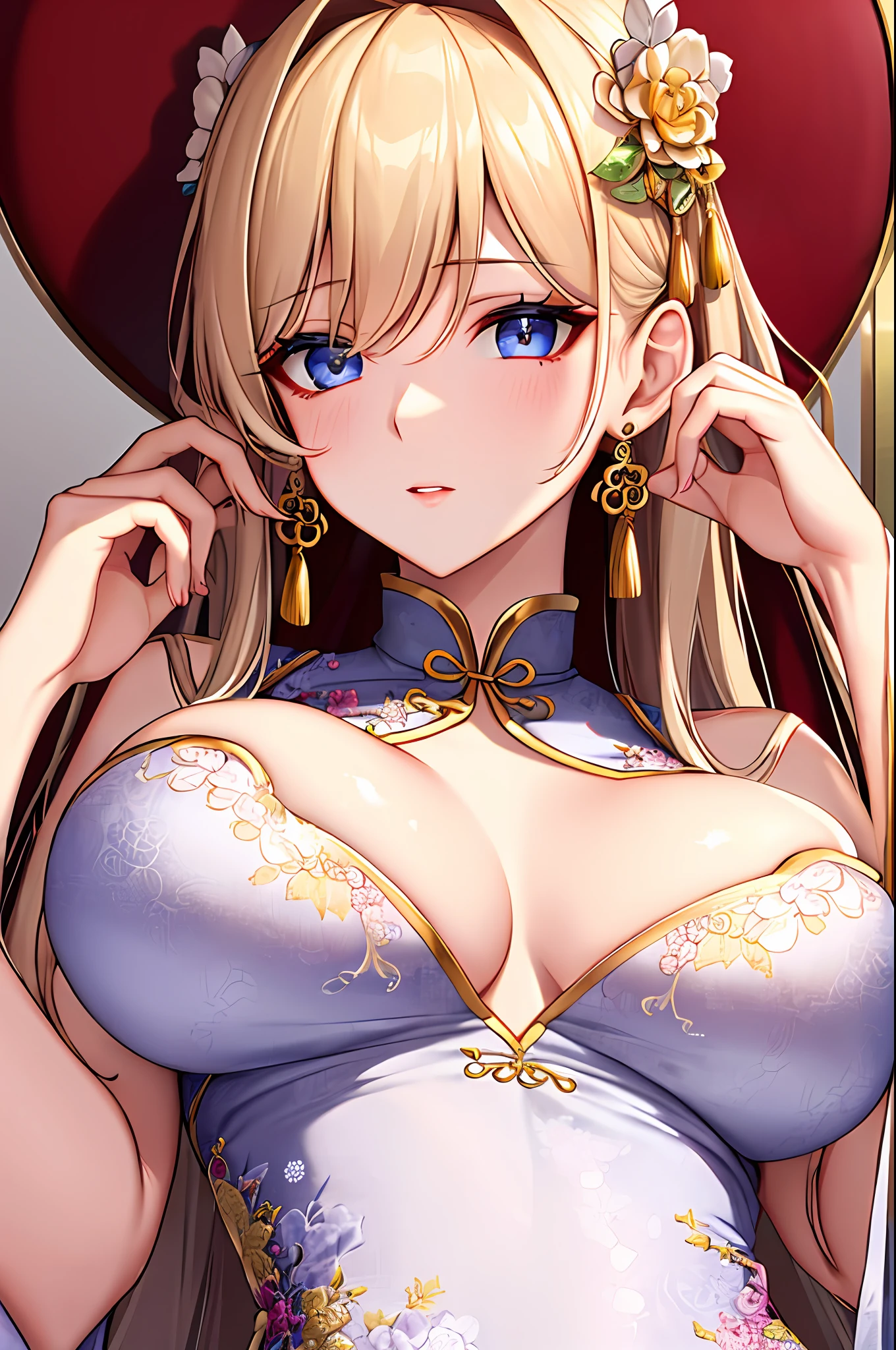 breast curtains, china dress, areola slip,(best quality:1.0), (8k wallpaper:1.0), extremely delicate and beautiful, (beautiful detailed face:1.0), (detailed deep eyes), symmetrical breasts, deep eyes, steam, shiny skin