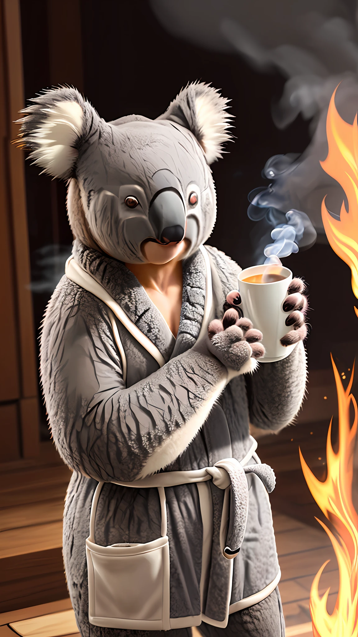 (best quality:1.23), (masterpiece:1.12), (realistic:1.24), (anthropomorphic koala:1.5) holding a cup of coffee, sitting, in a bathrobe, eating breakfast and holding a cup of coffee, hat, particles, volumetric lighting, room burning, burning floor and chair, many gadgets and equipment on fire, smoke, (flames around:1.2),