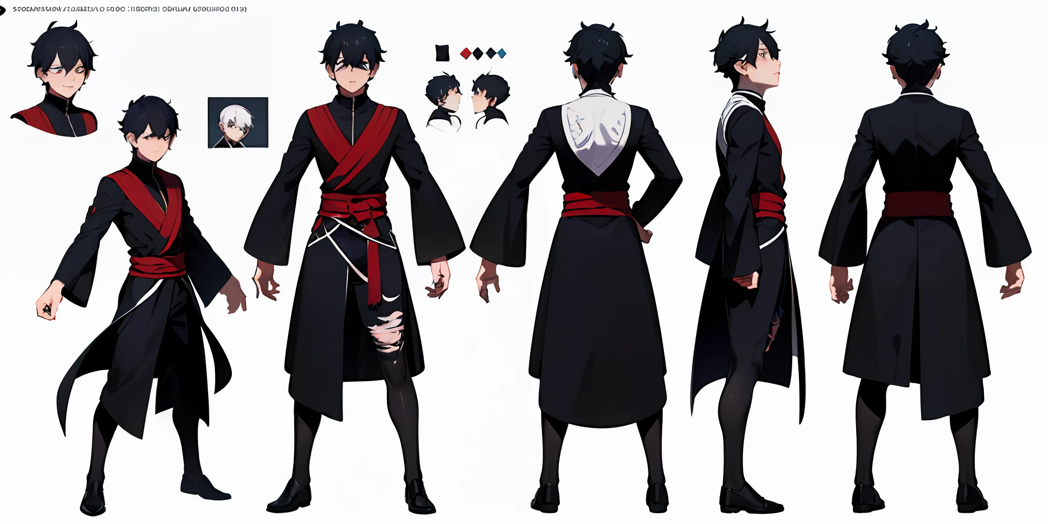 ((masterpiece)),(((best quality)),((character design sheet, same character, front, side, back)), illustration, 1 boy, beautiful eyes, environment Scene change, pose too, fusion of Kaneki, asta and sasuke, (single background, white background: 1.3)(very detailed ultra HD image)