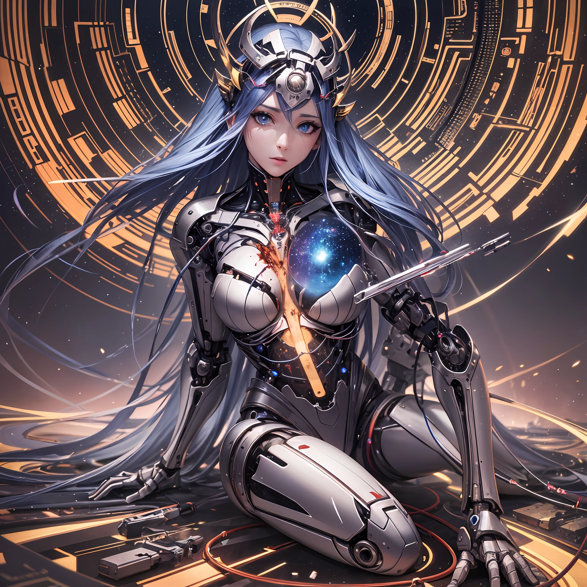 CG illustration, super beautiful, android, cyborg, white french blade long hair, shiny blue eyes, sitting, wide open legs, seductive pose, super sharp, metal, intricate ornament details, very complex details, realistic light, CGSation trend, mechanical limbs, blood vessels connected to tubes, mechanical vertebrae attached to the back, mechanical neck attached to the neck, wires and cables connecting to the head, background galaxy radiates many lines radial rainbow and golden neon lights, vivid planet, fantasy, portrait, animation, high resolution, top quality, very high image quality, ultra-detailed, ultra-realistic, photorealistic
