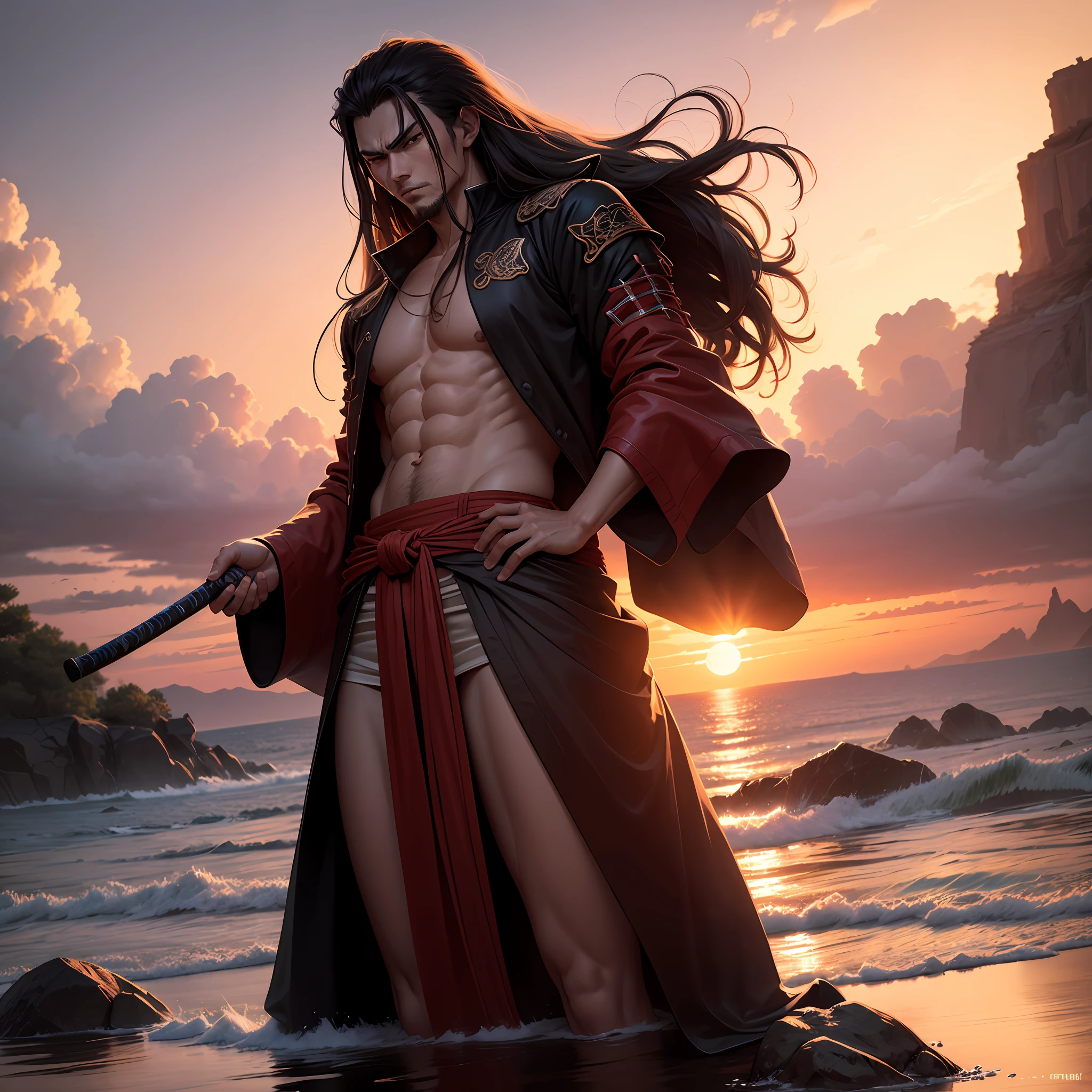 "Long-haired red samurai in a western setting with a red sun in the background. Inspired by the anime One Piece, the character is a villain." --auto