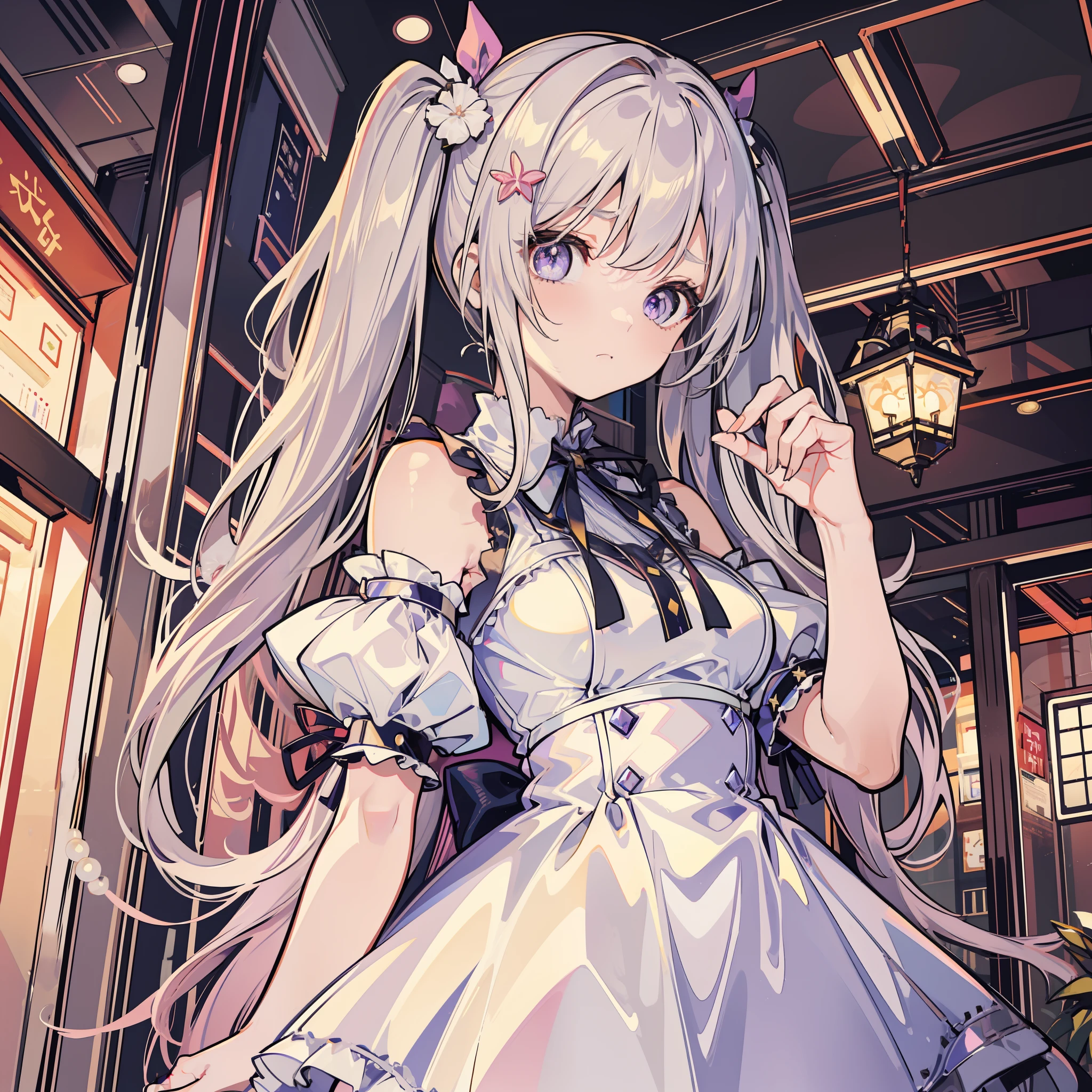 Masterpiece, Best Quality, 1 Girl, Solo Exhibition, Voxel Art,
nuclear power plant, white girl,
Ivory hair, lilac eyes, upset,
Absurd long hair, low double tail,
Cake dresses, slim dresses,
Ribbon, botanical hair accessory, pearl, cuffs,
Classical, medieval, noble, big breasts