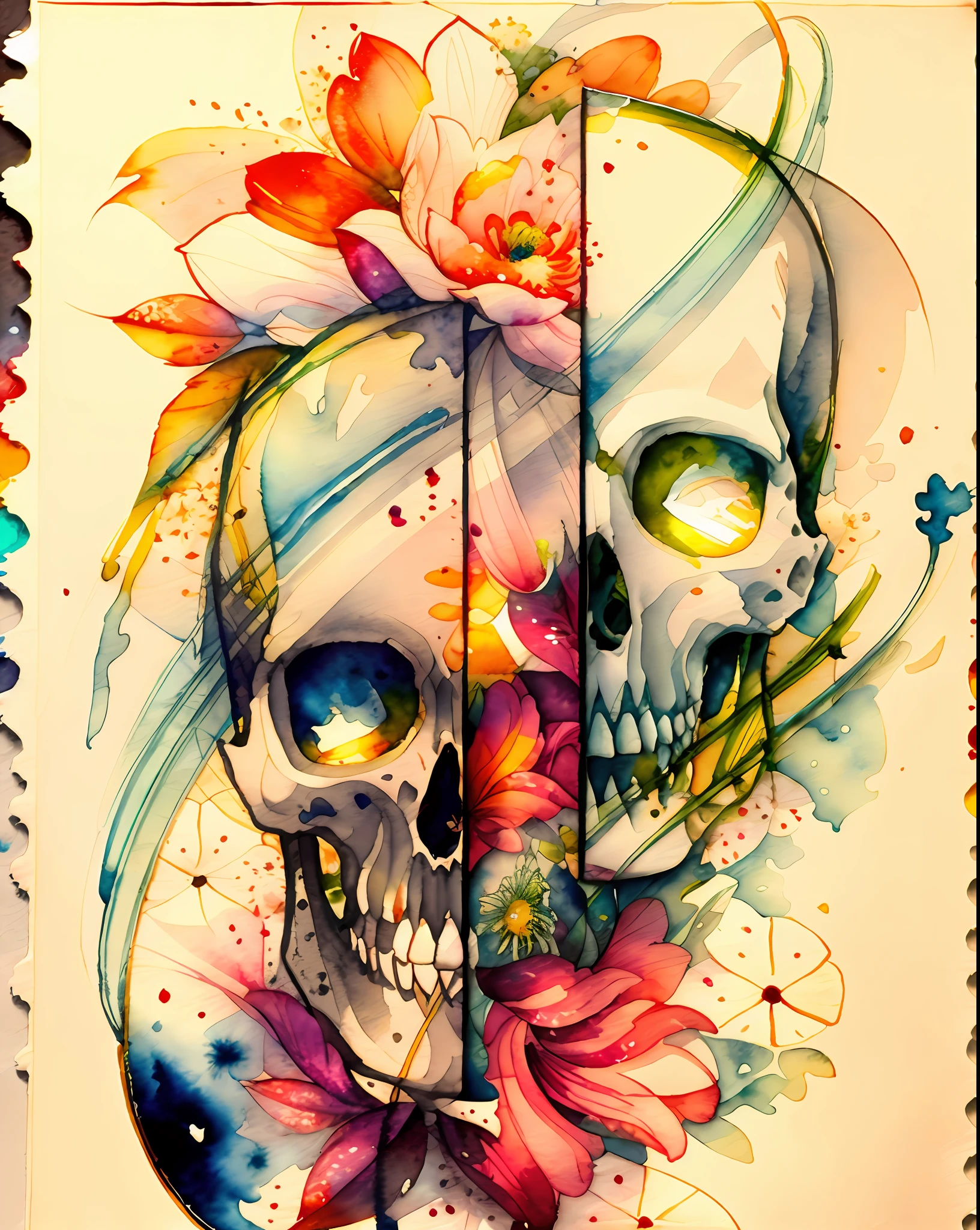 (Masterpiece), (Best Quality: 1.0), (Ultra High Resolution: 1.0), Detailed Illustration, 8K, Skull split in half, daisies flowers, self contrast between cool and warm colors, watercolor style background lighting, paint splash, paint splash in the background