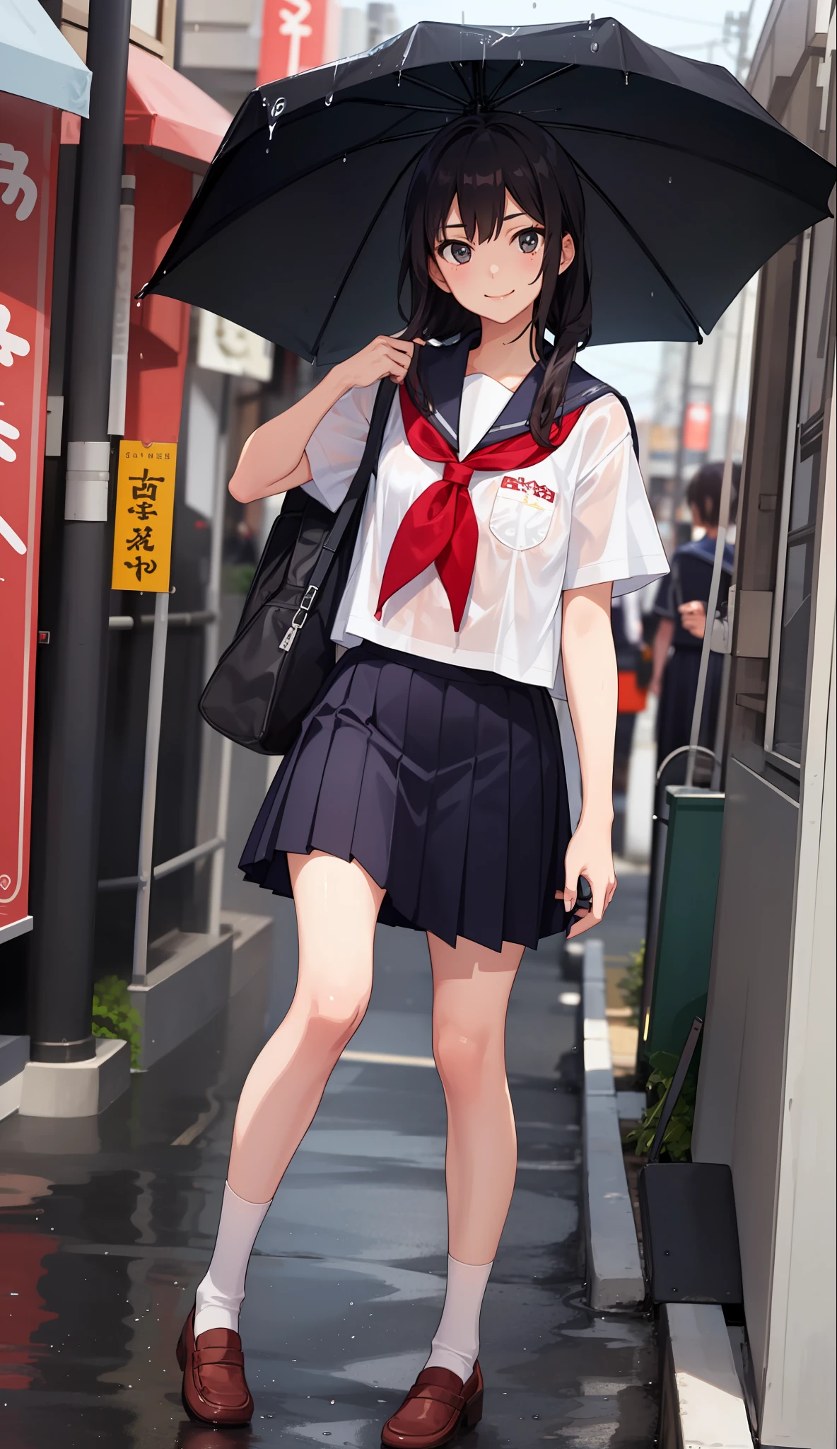 1 girl, smile, shirt, skirt, (small) chiralism, Japan high school school school uniform, serafuku, summer clothes, rain-soaked uniform, (from the knee up),