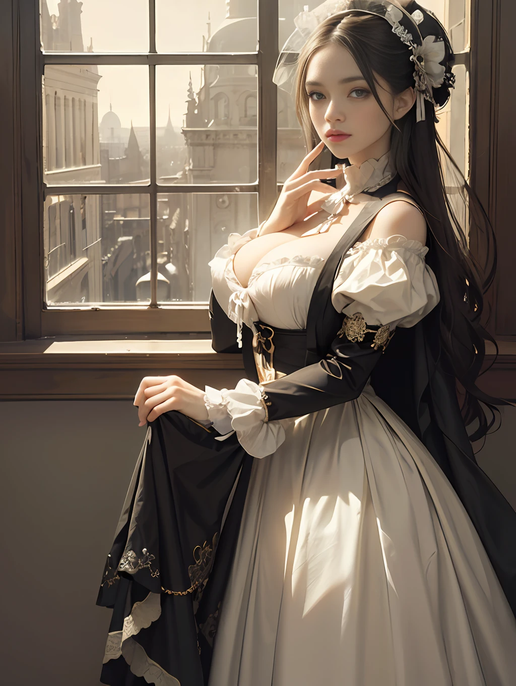 (Pure Color: 0.9), (Color: 1.1), (Masterpiece: 1,2), Top Quality, Masterpiece, High Resolution, Original, Highly Detailed Wallpaper, Beauty, Victorian, Dress, Melancholy, Big Breasts, Sepia Color, 40 years old --auto --s2