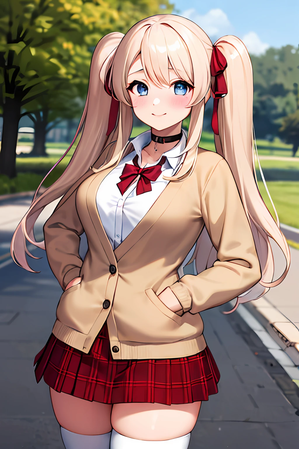 1girl, solo focus, young women, skin imperfection, light white skin, perfect face, puffy face, beautiful face, puffy eyes, blue eyes, big eyes, perfect eyes, eyelashes, long platinum blonde hair, bangs, makeup, blush, blush nose, glitter makeup on eyes, detailed anime soft face, pink clothes, highres, twintails, hair ribbon, long sleeves, red bow, pink cardigan, white thighhighs, plaid skirt, red ribbon, black choker, school uniform, open shirt, outdoors, cowboy shot, standing, smile, hands behind back