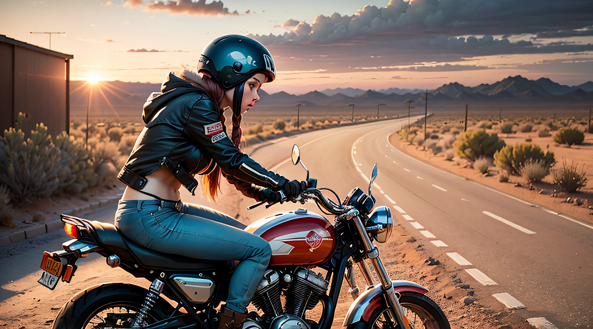 Gypsy style, desert road, sunset, motorcycle girl, sports afterimage, oblique composition, large aperture blur, face focus, dark clouds behind you, rich picture elements --auto
