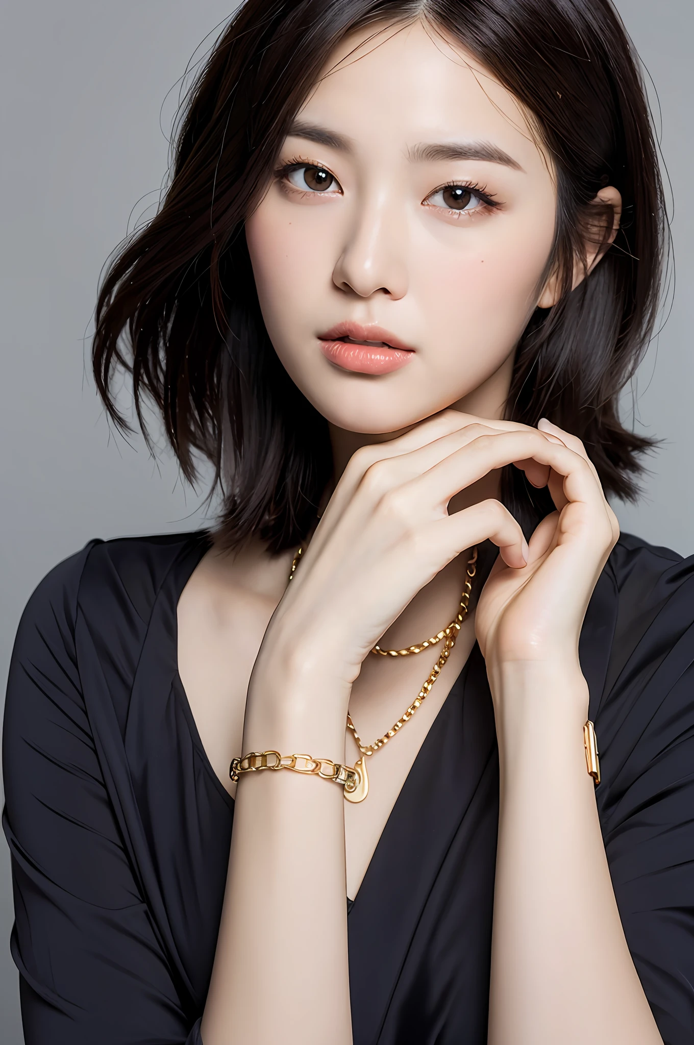 (Masterpiece: 1.3), (8k, Photorealistic, RAW Photo, Best Quality: 1.4), (1girl), Shallow depth of field, Face in focus, Soft focus, Beautiful face, (Backlight: 1.5), (Ambient: 1.3), (Realistic Face), (Black hair, Medium Short: 1.3), Hair with gentle waves, Hair that flutters and spreads in the wind, Short bangs, realistic eyes, dark brown pupils, highlights in pupils, beautiful detail eyes, (realistic skin), beautiful skin, pose with hands on face, (blouse with white collar), gold chain necklace, gold chain bracelet, nothing blue-gray background, absurdity, attractive, ultra high resolution, ultra-realistic, high definition, golden ratio