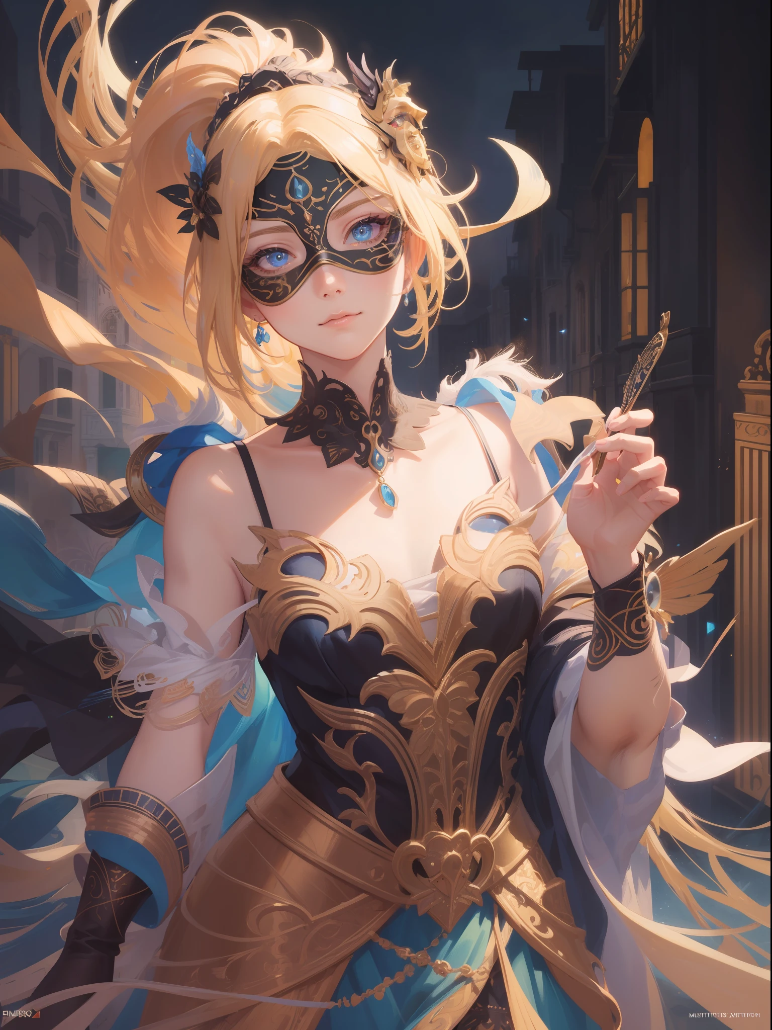 (masterpiece, absurdres, highres, ultra detailed), 1man, wavy blonde hair, blue eyes, ponytail, perfect face, male focus, femboy, flat chest, bulge, androgynous, detailed eyes and face, slight smile, full body shot, cowboy shot, masquerade, carneval, (venetian mask:1.2), vibrant peacock feathers, intricate, elegant, highly detailed, digital painting, artstation, smooth, sharp focus, illustration, illuminated lines, outrun, vaporware, intricate venetian patterns, fantasy outfit, sensual curves, bare collarbones, trending on pixiv, highest quality, particles, god rays, moonlight, moody, emotional, photon mapping, realistic shadows,