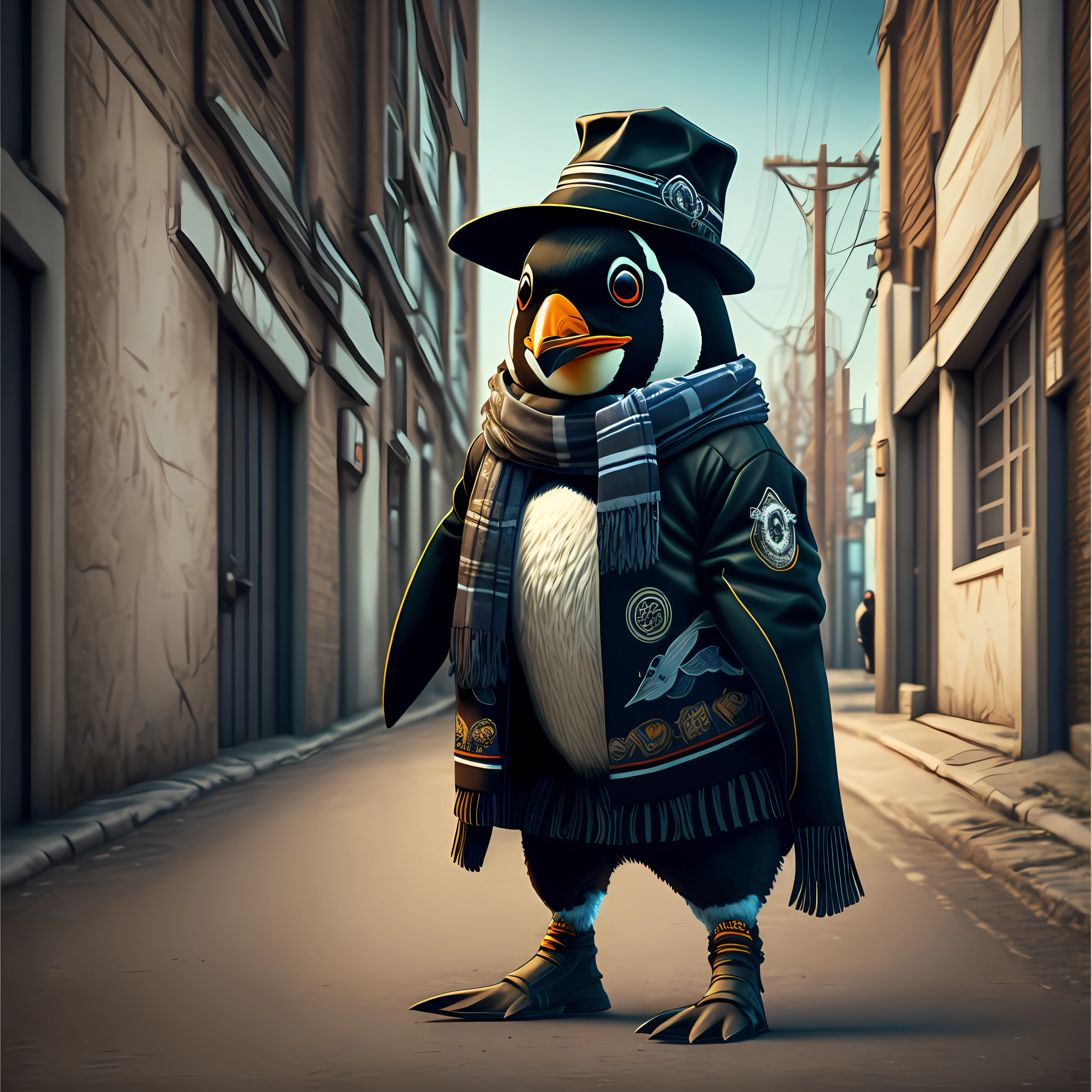 Image of a penguin with hat and scarf, art station trend, dressed in punk clothes, hyper realistic detailed rendering, British gang member, urban style, intimidating pose, planet of penguins, fashionable clothes, urban samurai, West Slavic features, circular design, shirt design --auto