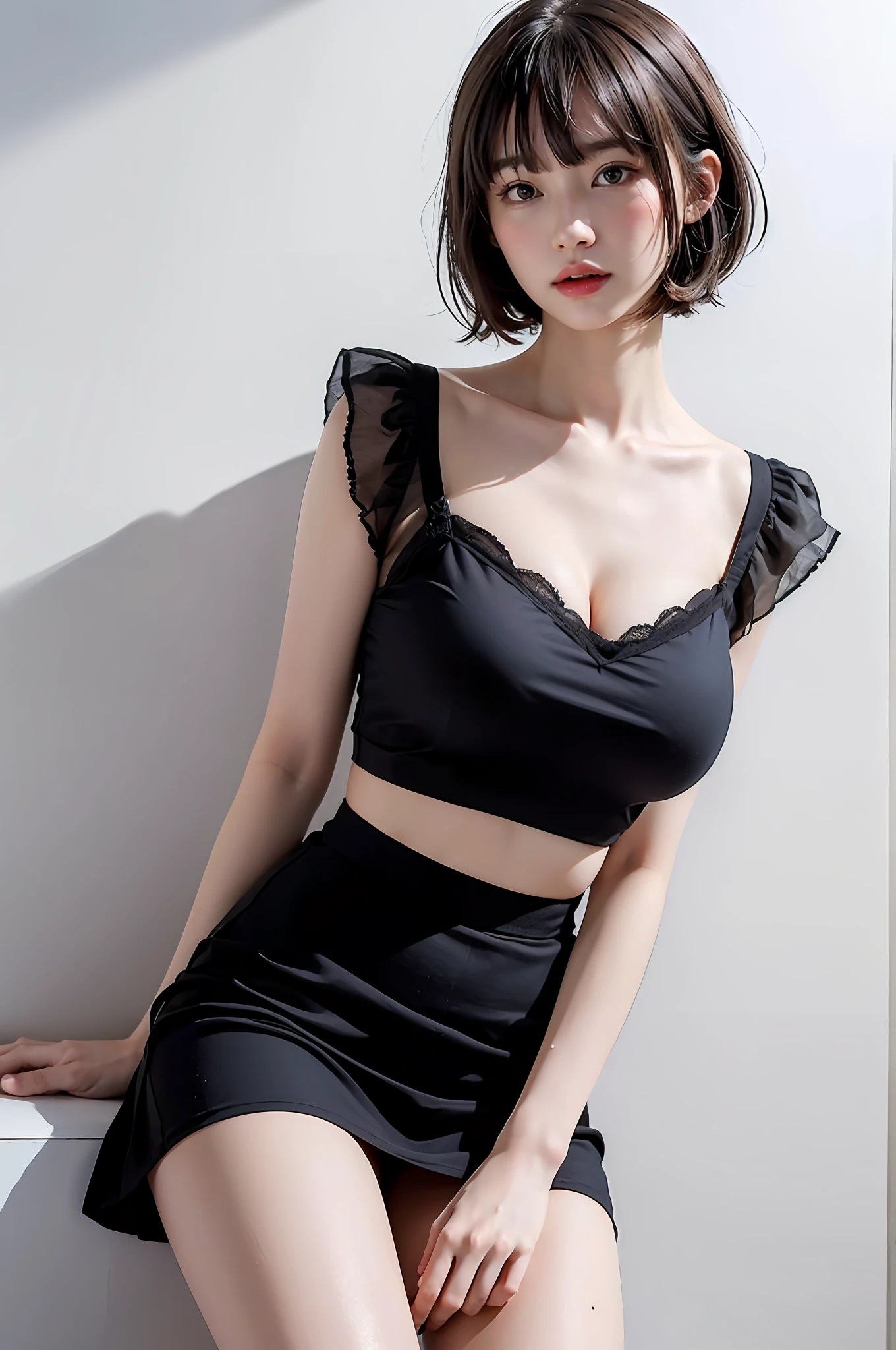 (((masterpiece, best quality)), one girl, (photorealistic: 1.4), solo, really snow-white background, black hair, short hair, absolute area, skirt, (((beauty, cute, 20 years old, bangs)), big breasts