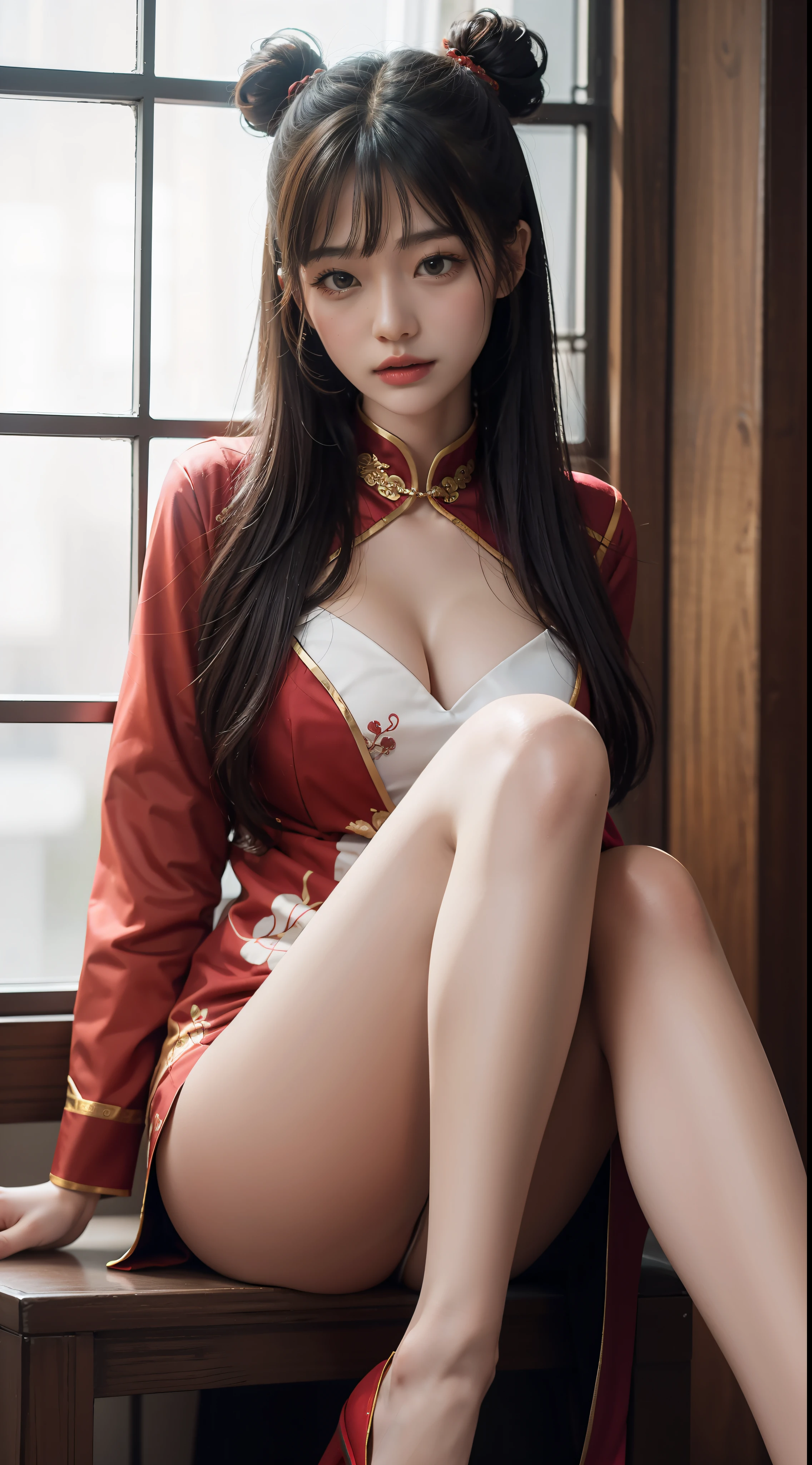 Superior Quality, Masterpiece, Ultra High Resolution, (Photorealistic: 1.4), a girl sitting with her legs open, wearing a Chinese outfit, beautiful legs, big white hair, bangs, bun, detailed face, Asian, open chest