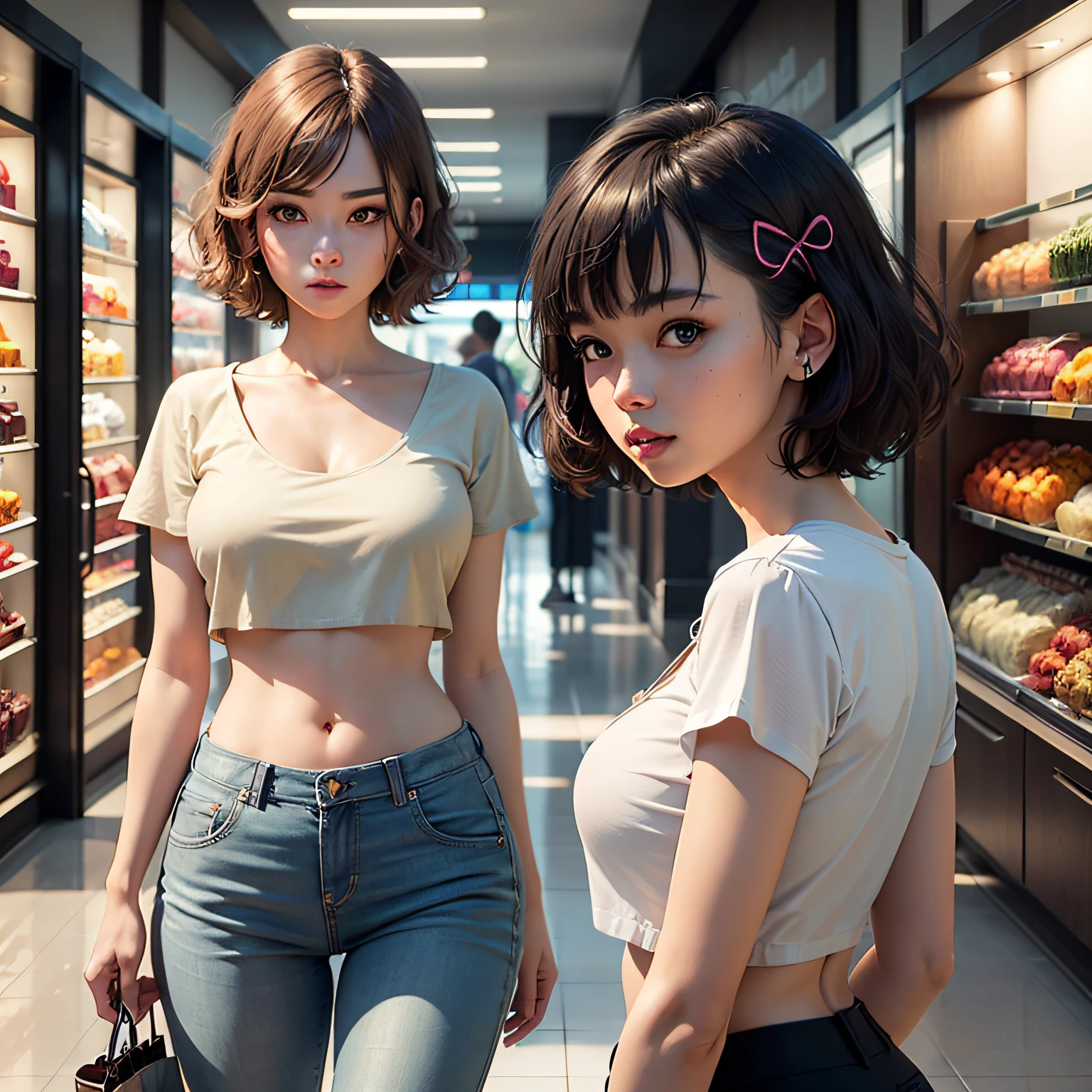 (((masterpiece,high quality))), {{ultra-detailed}},{{perfect image}},bust shot,photorealistic cute girl,big eye,,medium breasts, blue Short hair | Ribbon,Crop top and high-waisted pants set,loafers,Shopping mall