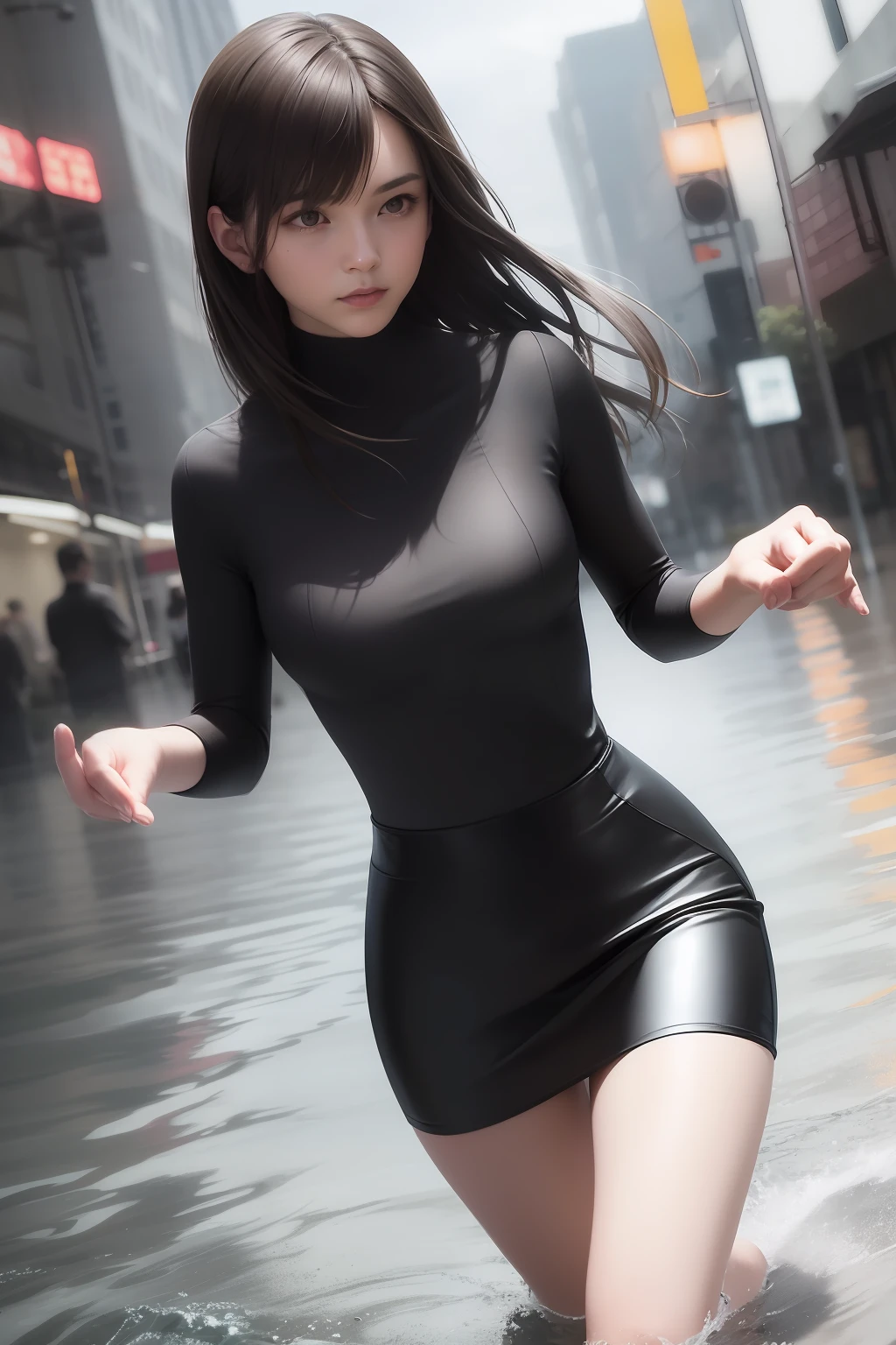 A sexy tight skirt girl walking on water in a storm, masterpiece, best quality, high quality, extremely detailed CG unit 8k wallpaper, award winning photography, bokeh, depth of field, HDR, flood, chromatic aberration, realistic, very detailed, popular on artstation, popular on CGsociety, complex, high detail, dramatic, art on the go, volumetric lighting