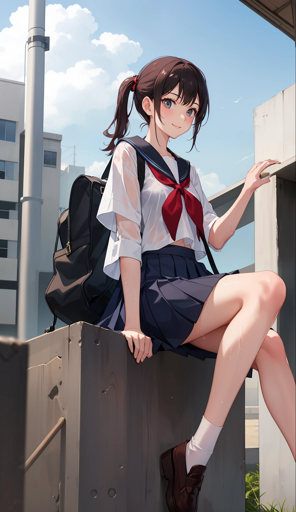 1 girl, smile, shirt, skirt, (small) chiralism, Japan high school school school uniform, serafuk, summer clothes, squall wet uniform, (from the knee up),