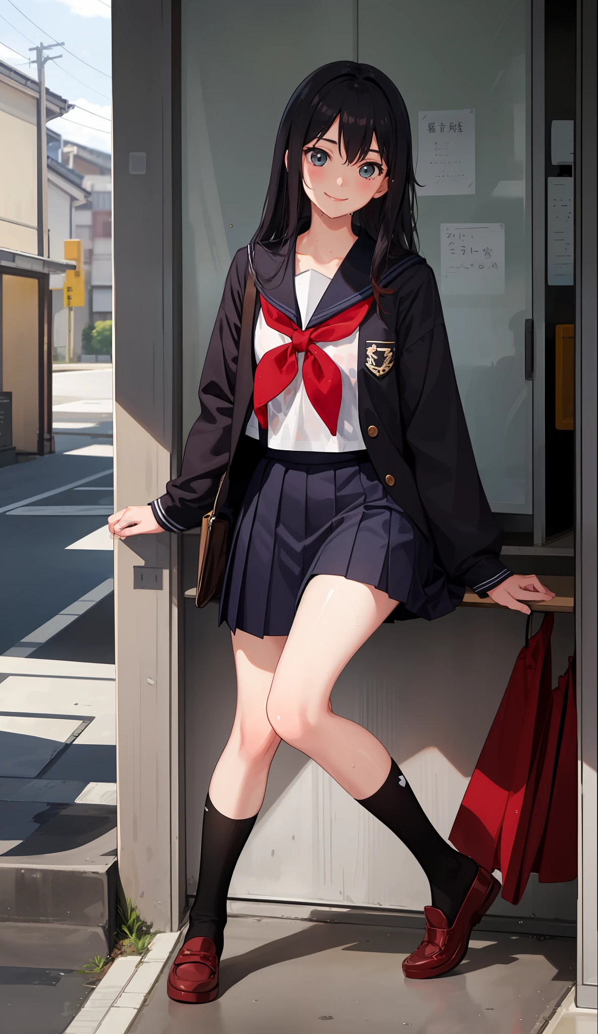 1 girl, smile, shirt, skirt, (small) chiralism, Japan high school school school uniform, serafuk, summer clothes, squall wet uniform, (from the knee up),