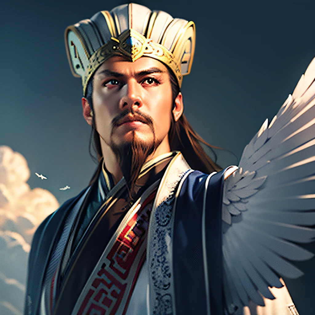 1boy, (8k, best picture quality, masterpiece: 1.4), final fantasy, (fantasy), (lighting), solo, white chinese chat, chinese clothes, (handle Feather Fan), feather, white cloth, cloud, eagle, wings