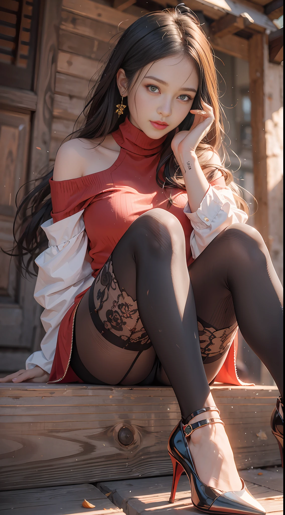 (8k, RAW photo, best quality, masterpiece: 1.3), (realistic, photo realistic: 1.27), intricate details, 1 girl, sitting, solo, off-the-shoulder, (summer fashion: 1.4), (red shirt: 1.2), long sleeves, thin skin, long black hair, (perfect body type: 1.4), full body, dynamic pose, delicate eyes, black eyes, (bare legs: 1.3), (insect eye view: 1.2), (from below: 1.2),
Cool pose,
8k UHD, HDR, extremely refined and beautiful, outside, wooden house, garden, grapefruit, high heels, (shiny skin), movie lights, turtleneck shirt, short skirt, incredible tights,
