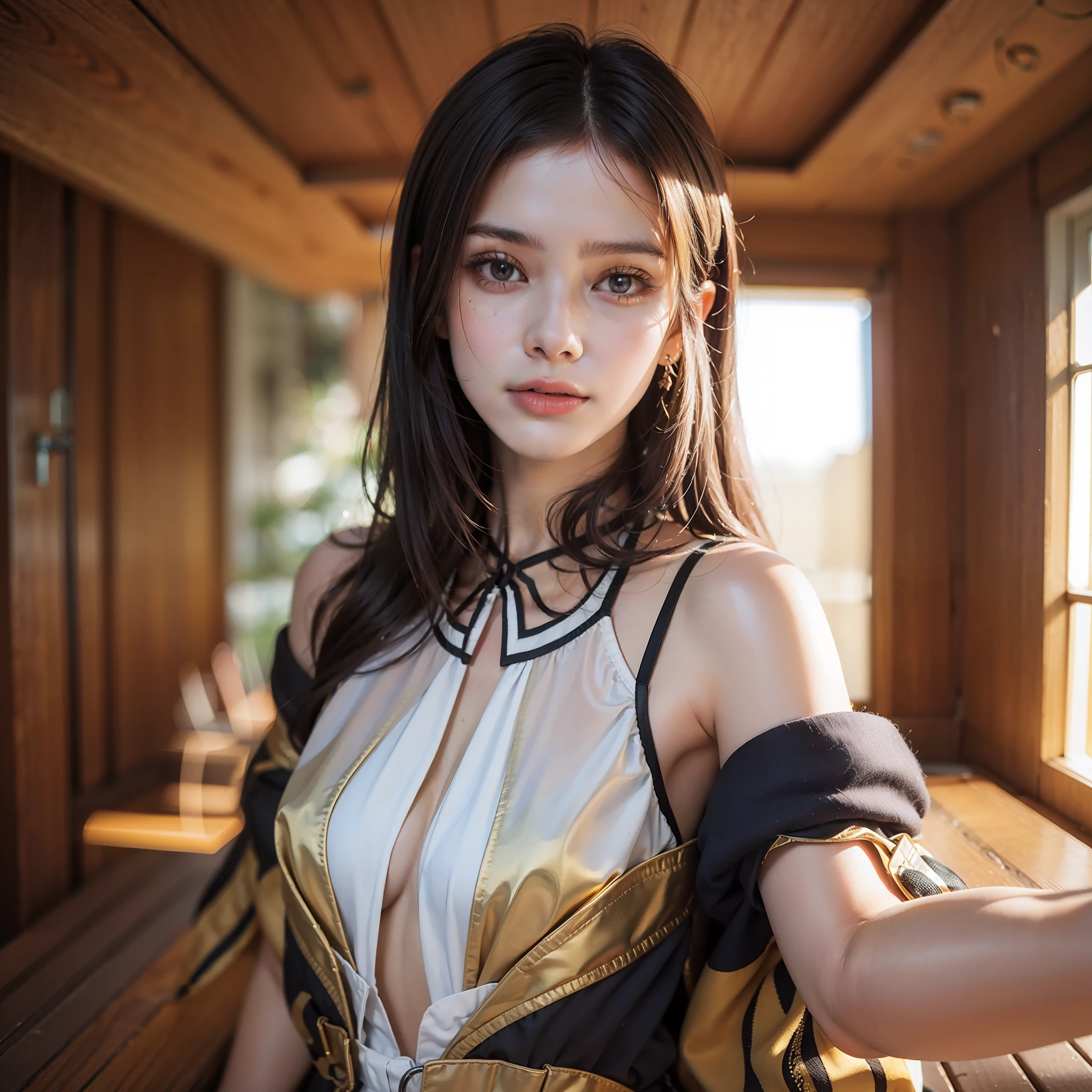 1 Girl, Beautiful Eyes and Face Details, Masterpiece, Best Quality, Close-up, Upper Body, Looking at the Viewer, 8K, Best Quality, Masterpiece, Ultra High Resolution, (Realism: 1.4), Original Photo, (Realistic Skin Texture: 1.3), (Film Grain: 1.3), (Selfie Angle), full body