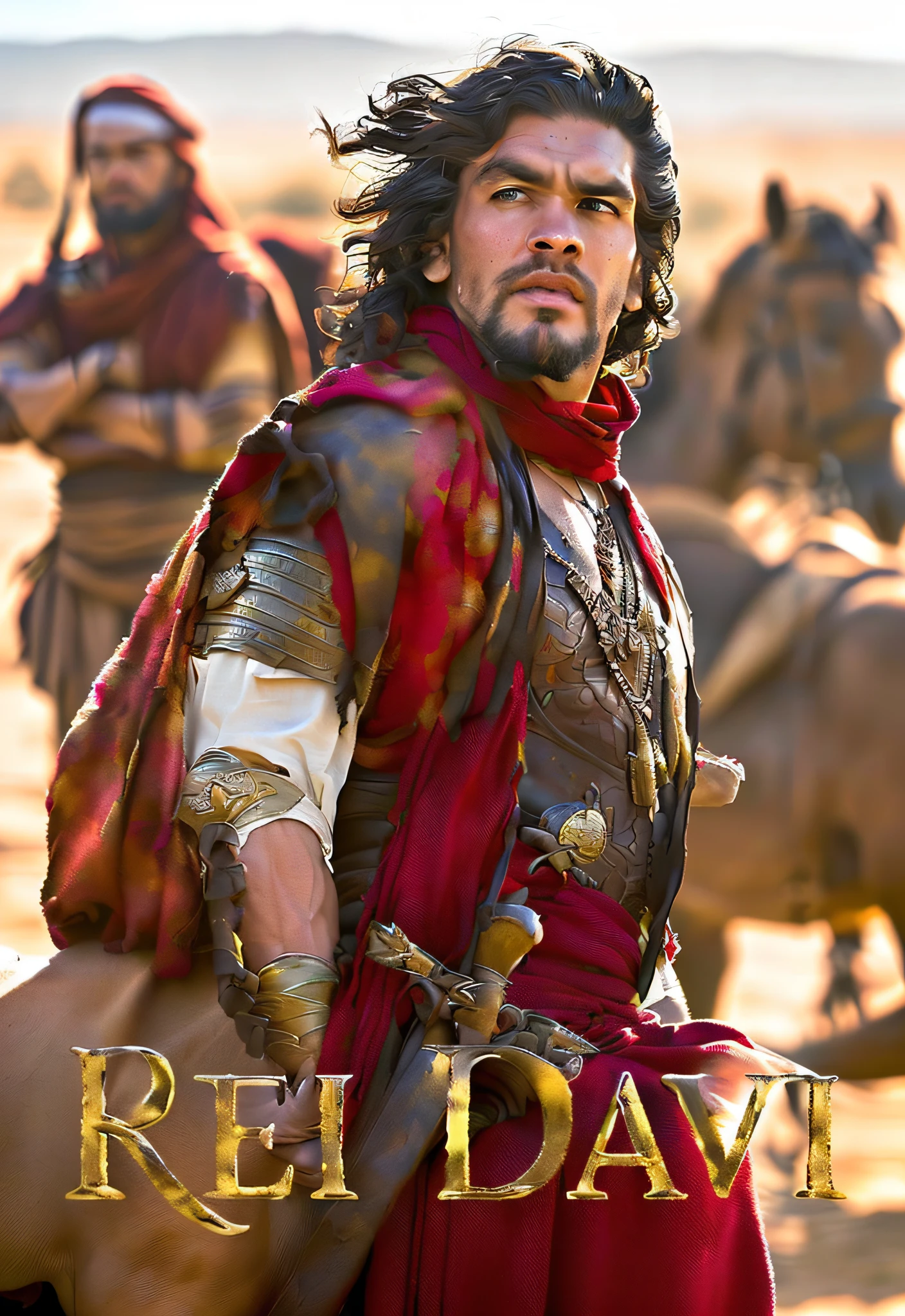 arafed image of a man in a red scarf and a red scarf, biblical epic movie, ben - day dots, ben - day, movie promotional image, portrait of bedouin d&d, jason momoa as assyrian, deiv calviz, day light, adam driver as a centaur warrior, live action film, movie poster character --auto