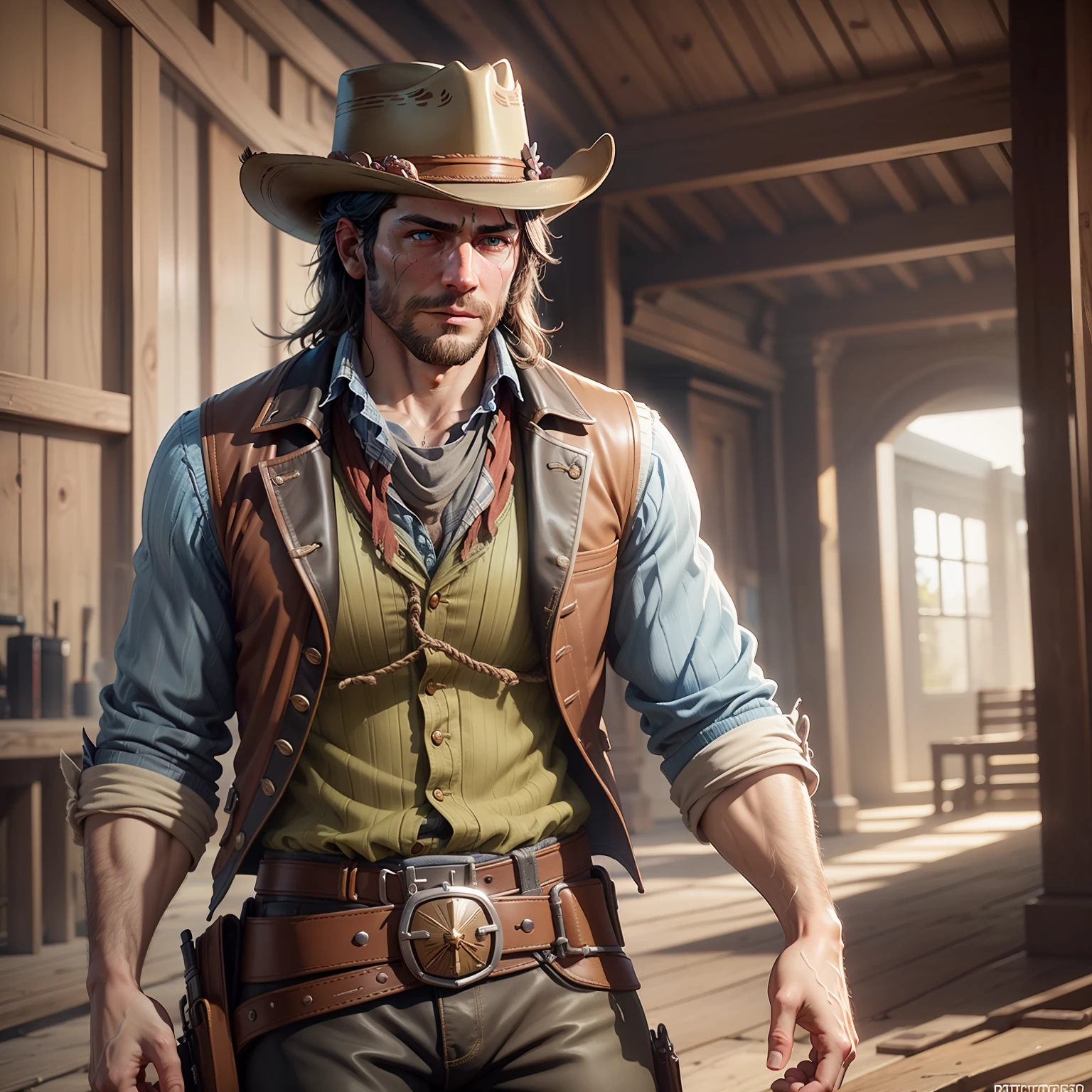 photorealistic Arthur Morgan, perfect, very detailed, materpiece, real life, dim volumetric cinematic lighting, 8 k octane detailed render, post -processing