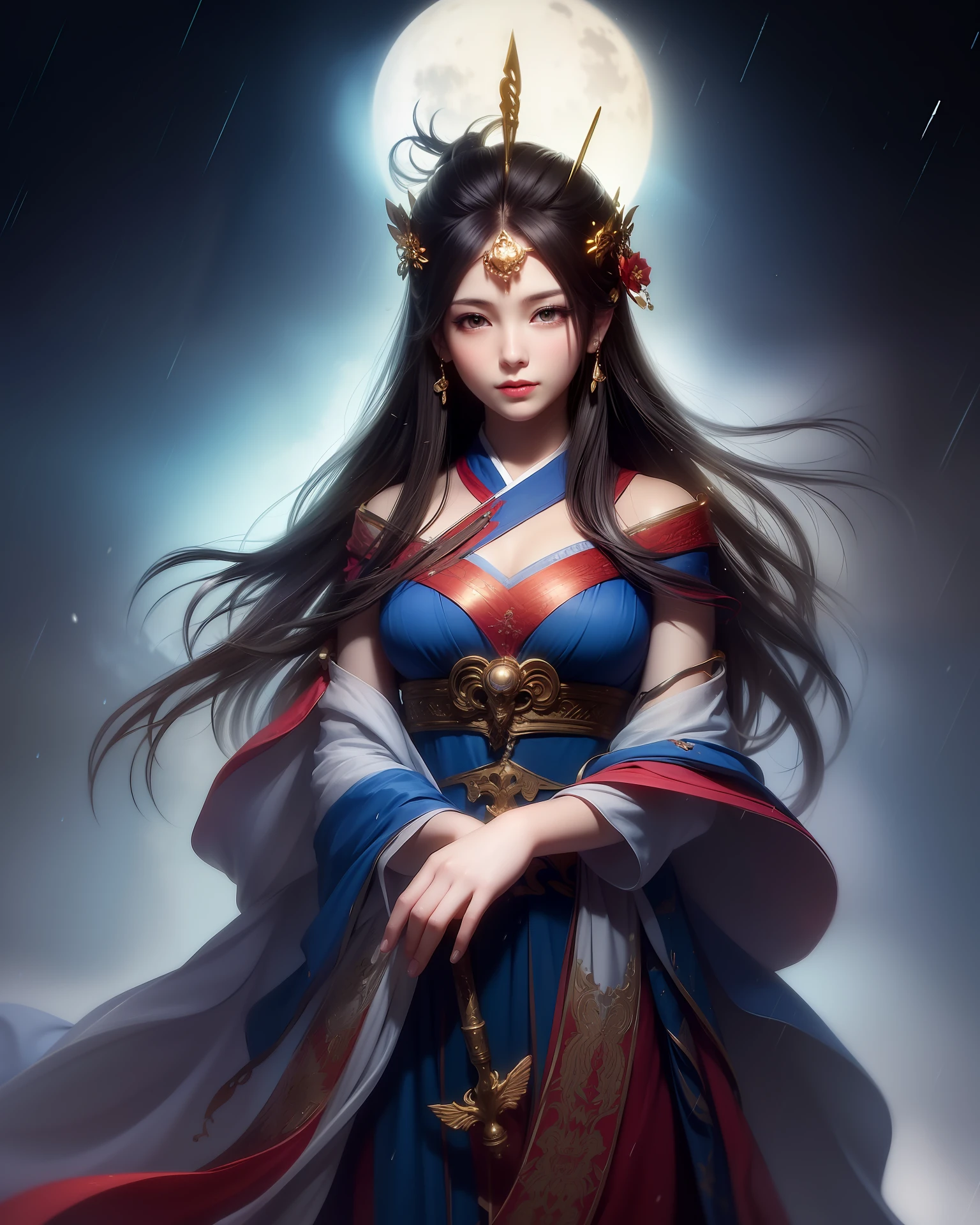 (8k, RAW Photo: 1.2), Best Quality, Ultra High Resolution, Dramatic Angles, (Fluttering Detailed Color Splash), (Illustration), (((1 Girl))), (Long Hair), (Rain: 0.9), (Headdress: 1.4), There is an Ancient Palace Next to the Maiden, Hanfu, (Emphasis), Color Ink Painting, (Splash Color), Splash Color, ((colorful))), (Sketch: 0.8), Masterpiece, Best Quality, Beautiful Painting, Very Detailed, (Denoising: 0.6), [ splash ink], ((ink refraction)), (beautiful detailed sky), moon, height, detailed, (masterpiece, best quality, very detailed) CG unified 8k wallpaper, masterpiece, best quality, super detailed), (lycoris),