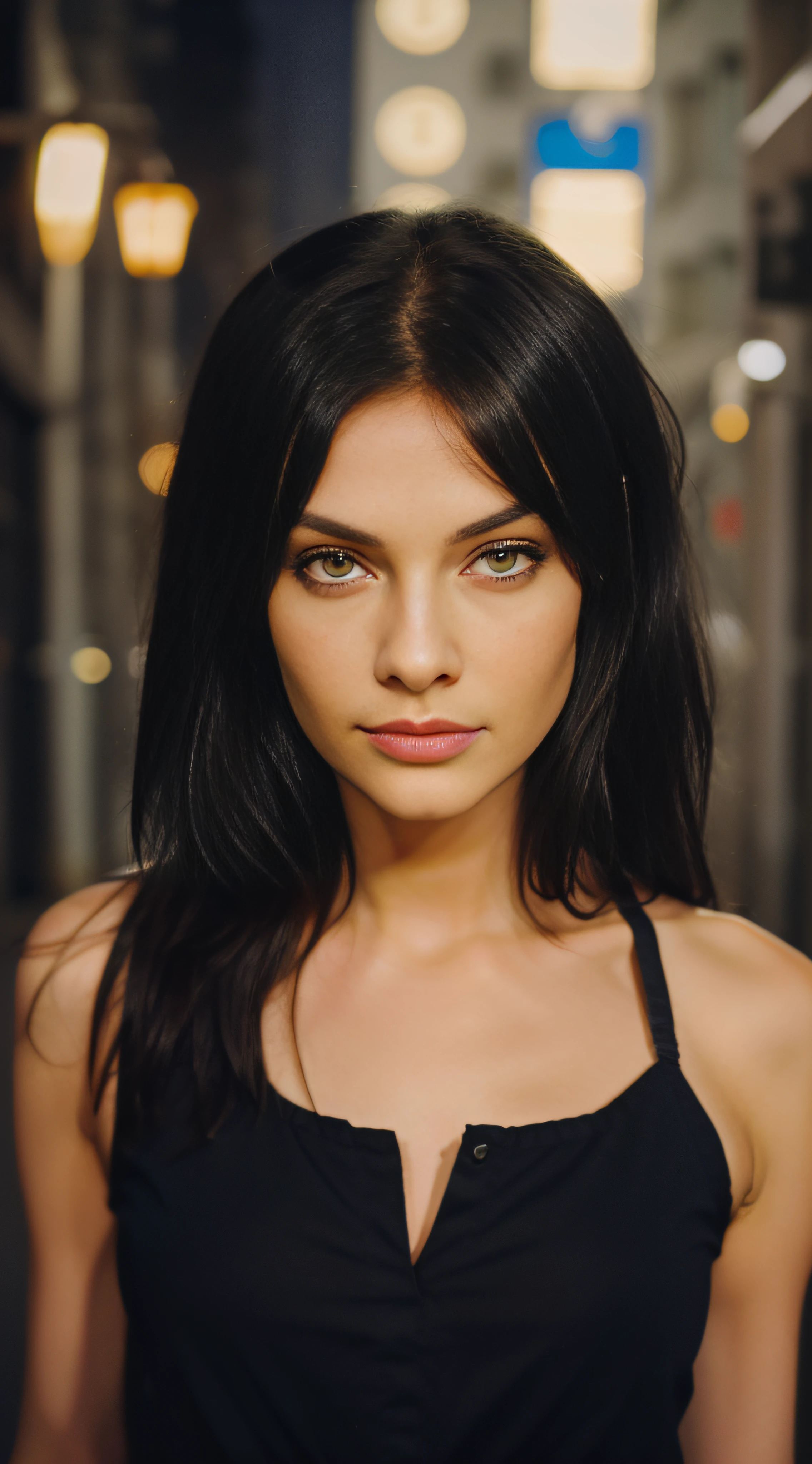 princess, dark hair, yellow eyes, street, night