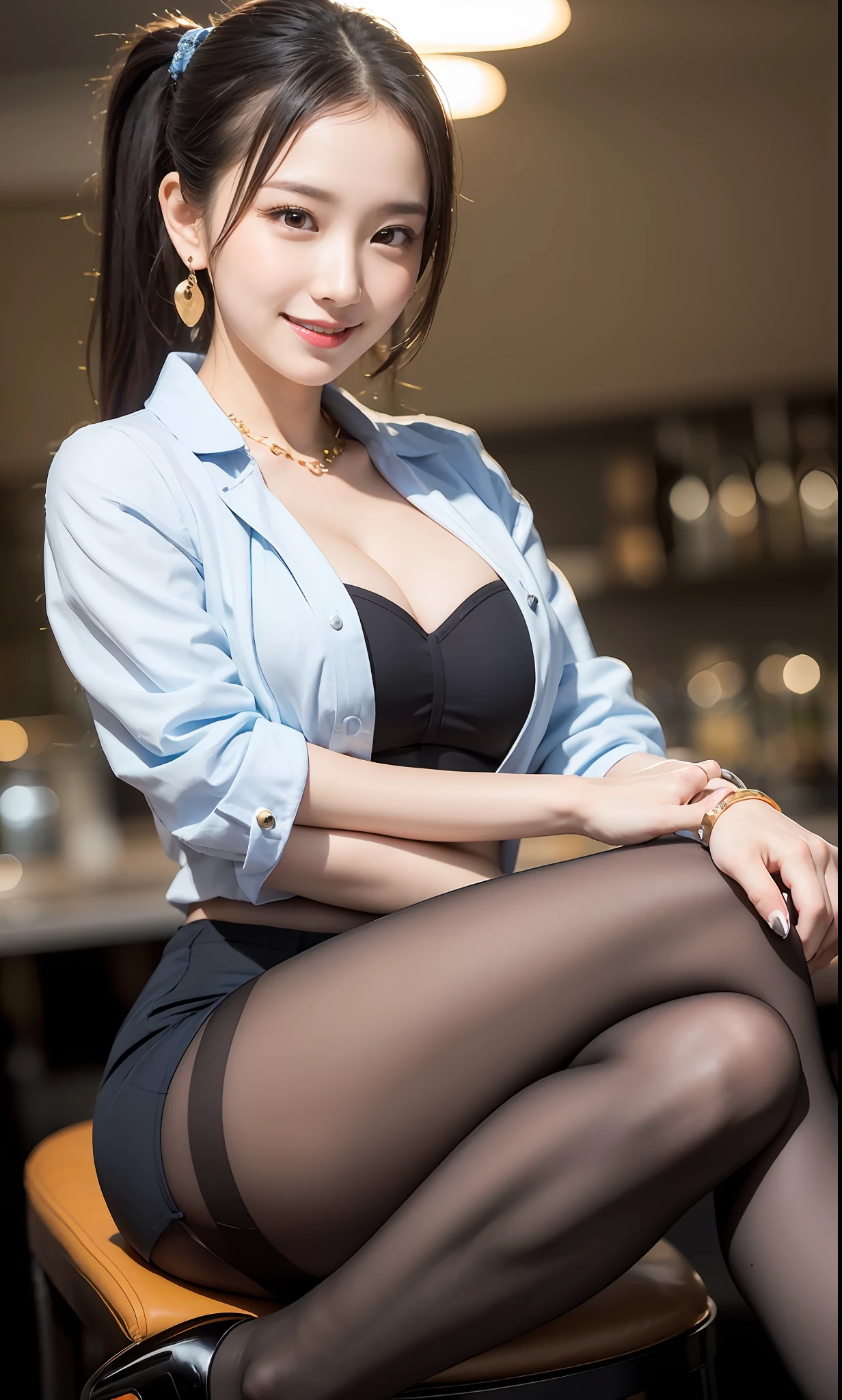 Delicate, Masterpiece, Beautiful Detail, Colorful, Fine Detail, Detail, Detail, Big Breasts, 1 Woman, (20 Year Old Beautiful Korean Woman: 1.1), (KPOP Idol, Korean Mix), (50mm Sigma f/1.4 ZEISS Lens, F1.4, 1/800s, ISO 100, Photo: 1.1), (Ponytail + Blonde: 1.2), Realistic: 1.4), (Spy: 1.2), (dark blue open jacket, shirt, skirt, tie, black pantyhose, Christian Louboutin \ (brand\): 1.3), earrings, necklace, armlets, (tavern: 1.2), (beautiful legs, tall woman, skinny, slim legs, thigh gap, model: 1.2), lens flare, happy smile from the front: 1.1), Dynamic pose, (make: 1.2), sitting on bar stools, Nogizaka idol, Korean idol, actress, gravure idol, armpit, arms crossed, android