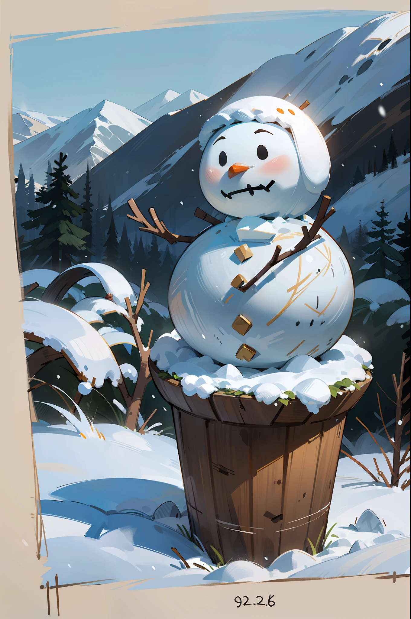 (Snow: 1.2), Snowy Mountains, Snow, Winter, Landscape Illustration, Simple Style, (Close-up: 1.5), (A Snowman: 0.6)