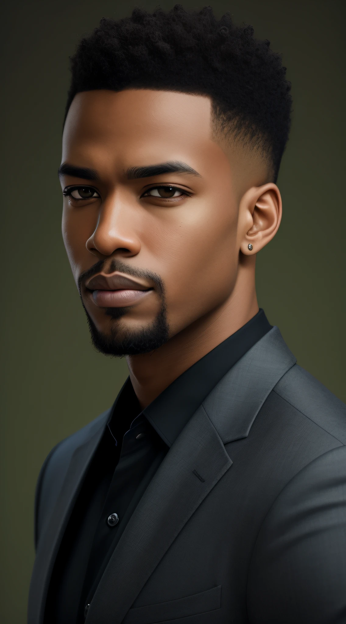 Kael: Portrait of handsome black man, face zoom, serious expression, short hair and no beard, green background
