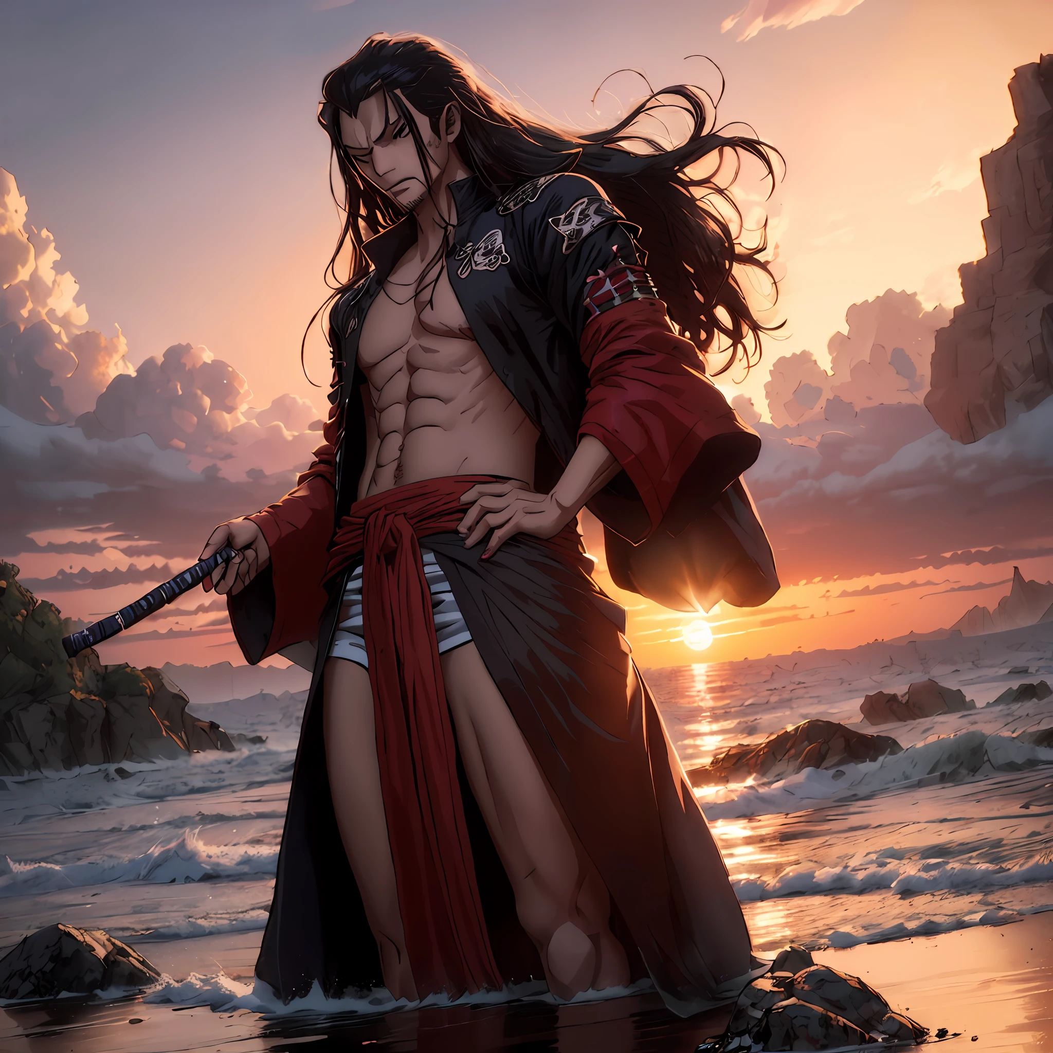 "A long-haired red samurai in a Western setting with a red sun in the background, inspired by the anime One Piece. The character is a villain, with typical anime traits."