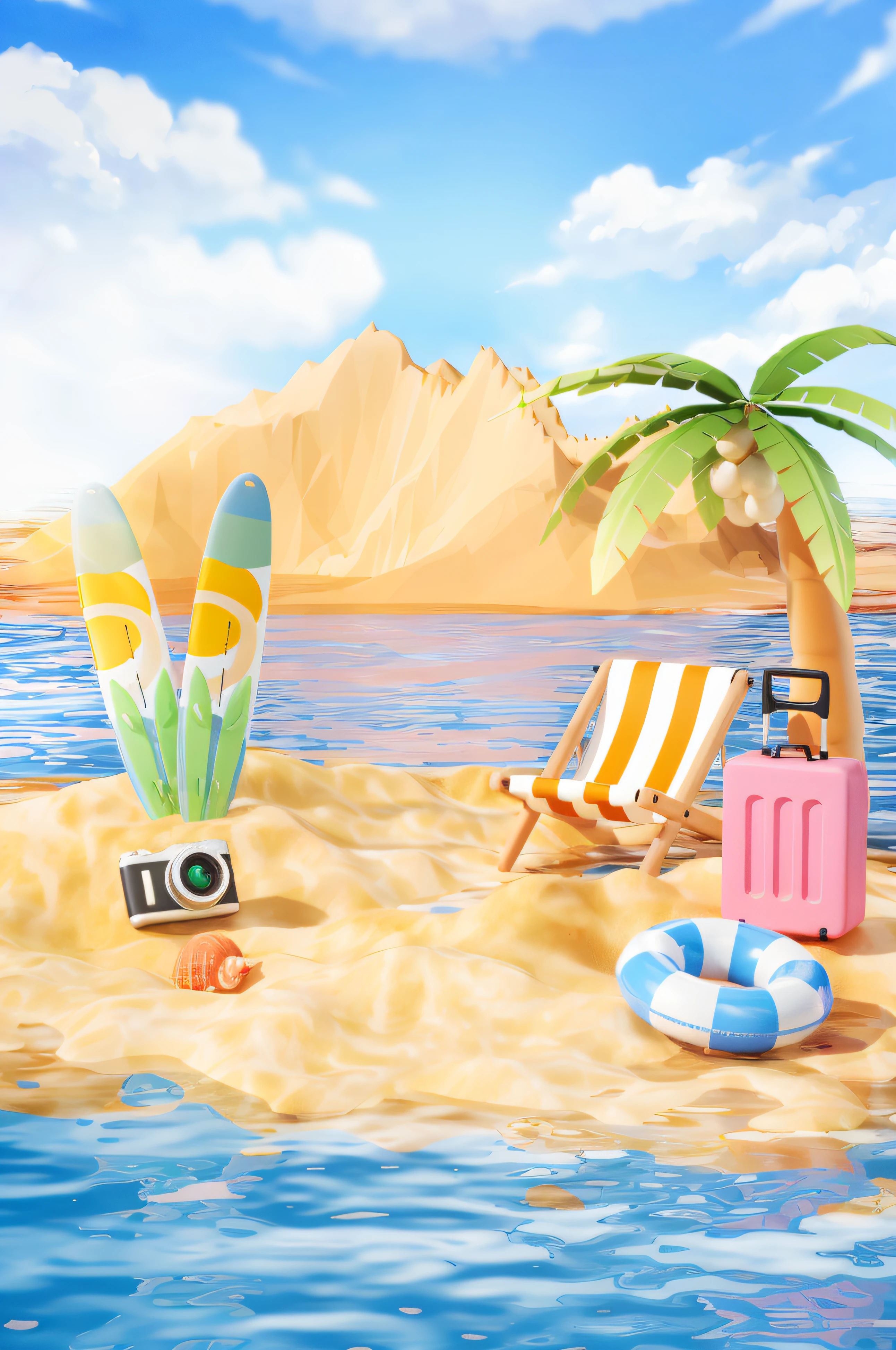There is a beach scene with palm trees, chairs, camera and lifebuoy, stylized digital illustration, beach background, beach setting, beach sunny day, strong light, seaside background, beach setting medium shot, 3D stylized scene, tropical background, 3d rendering stylized, 3d illustration, 3d illustration --auto