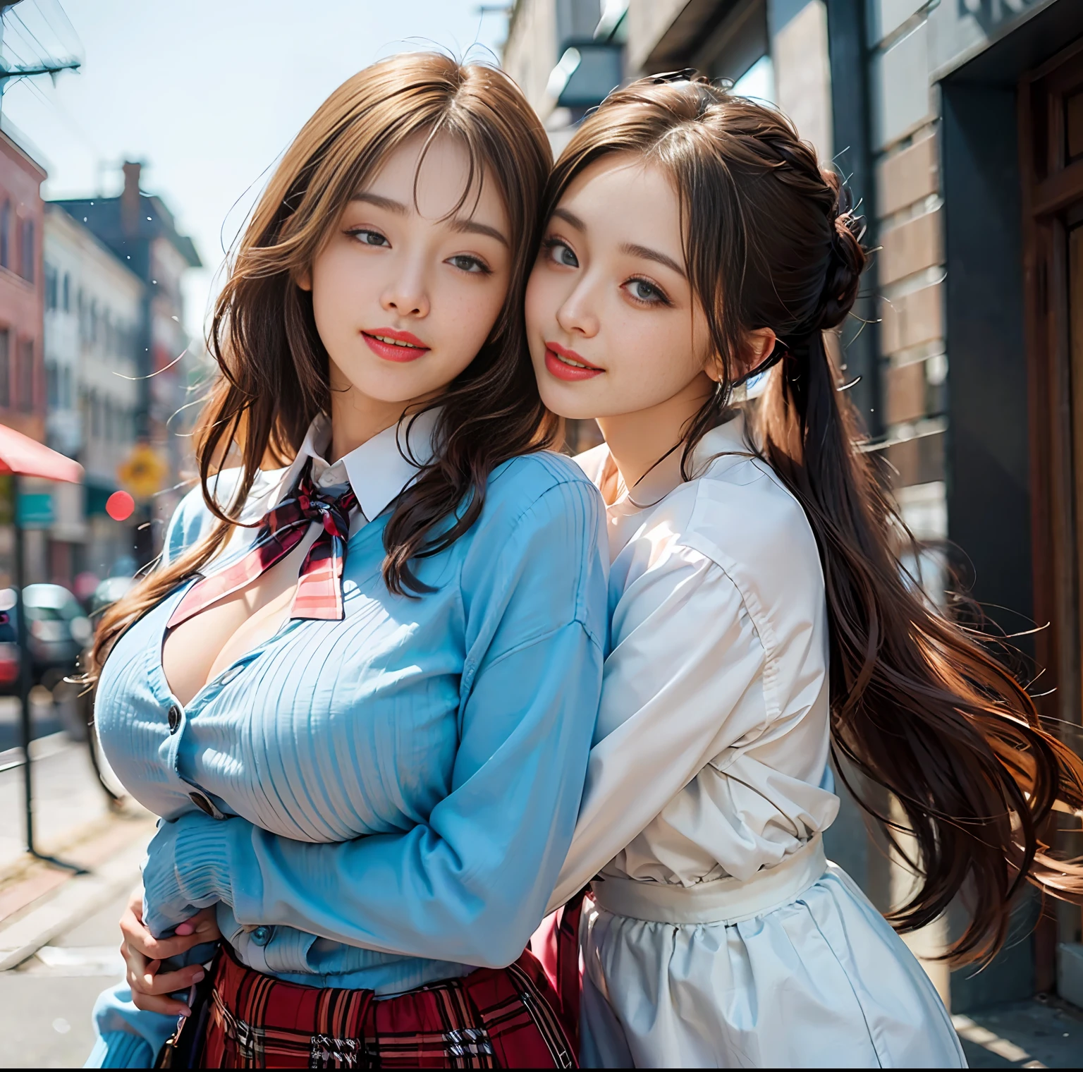 (top quality, masterpiece), (realistic lighting with shadows), huge file size, high resolution, elegant, realistic, intricately detailed, (perfect anatomy of the human body), two busty girls kissing , ((miraculous super big breasts)), they are age girls, ((beautiful bright blue eyes with shining highlights)), attractive small thin lips are lustrous even without lipstick Brilliant, brunette hair and blonde hair dancing in the wind, braid half-up and ponytail hair with bangs shining in the backlight, they are both wearing the same high school summer clothes, and they are wearing neat blouses. and its color is white. , Wearing a crimson ribbon tie. The blouse, which is too tight due to her huge boobs, is supported by all the strong buttons. , The skirt is a tartan check pleated mini, ((the girl's chest is not exposed at all)), but you can clearly see that she has extremely large breasts, and she is very beautiful and looks like a school goddess. Dear, A photo of two people in close contact from the front, (One of them is a girl with a lovely smile like a flower blooming), (One is a photo of her with her eyes closed and her tongue sticking out.)