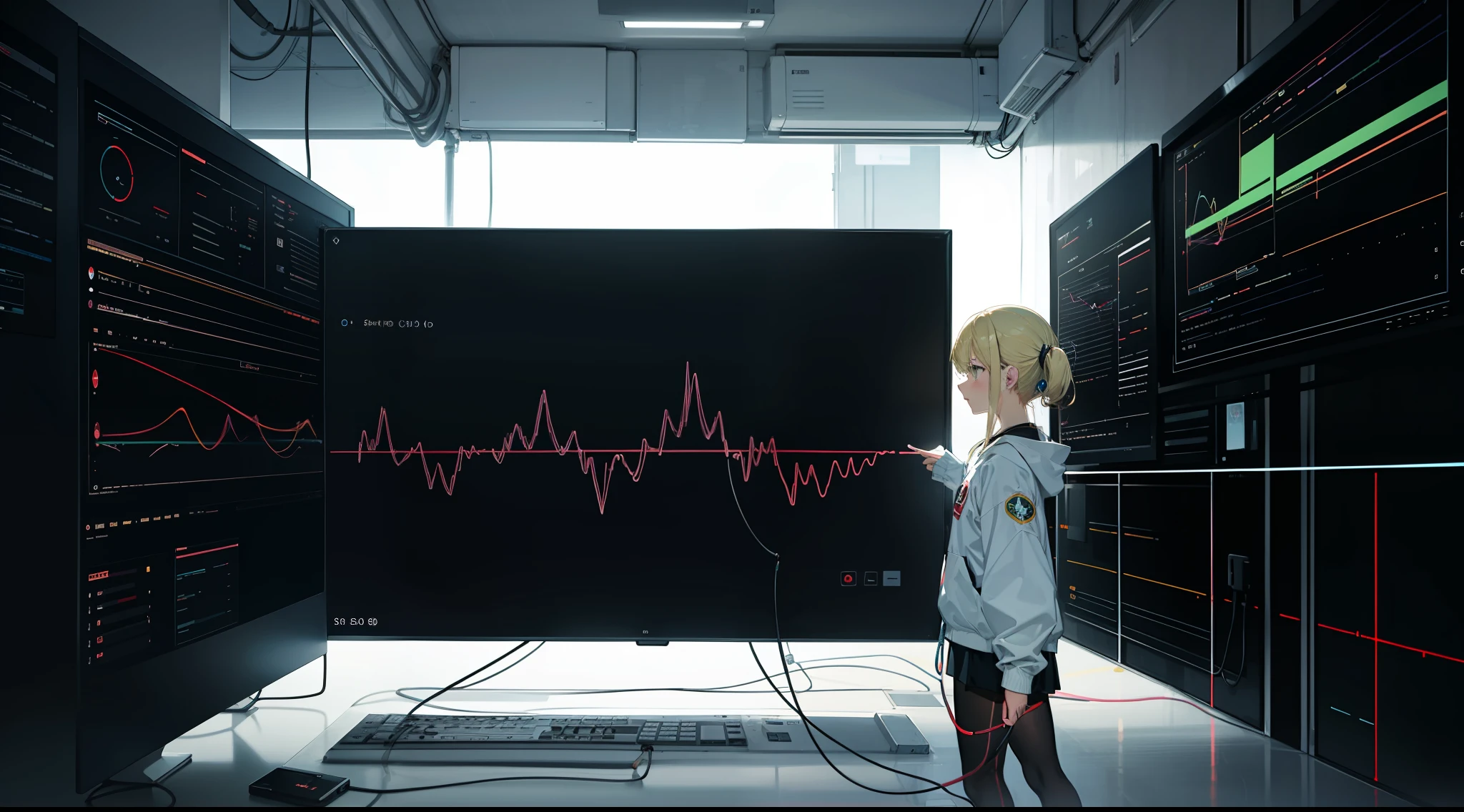 projected inset, ((abstract)), (electrocardiogram), green lines, (1girl:-0.5), blonde hair, girl on the right side of the screen, quadratic, plain clothing, simple geometry floating around