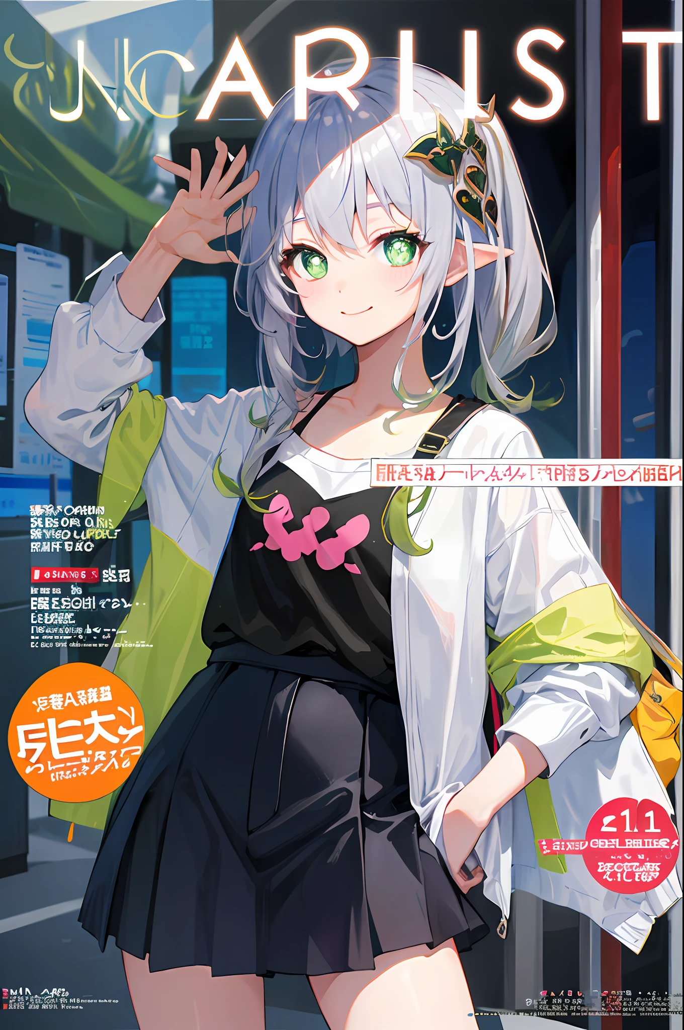 Genshin, beautiful petite girl, cool in summer clothes, girly style, smile, young anime girl, anime girl, perfect gray haired girl, seductive anime girl, cute anime girl, cute girl, (fashion magazine cover:1.3), high waist skirt, hot pants, short skirt, delicate accessories, surreal girl, anime girl, realistic girl, shoujo, (a lazy girl, look at the audience, faint smile: 1.3), hair accessories, (green eyes, stars in the eyes), front, fantasy, mid and long range end, denim lens, (colorful) (best quality: 1.2), master work, (high accuracy: 1.1), 8k resolution, (rich detail), delicate, white background, noise reduction, complex details, super detailed, very detailed, complex, small details, CG, fresh, official art
